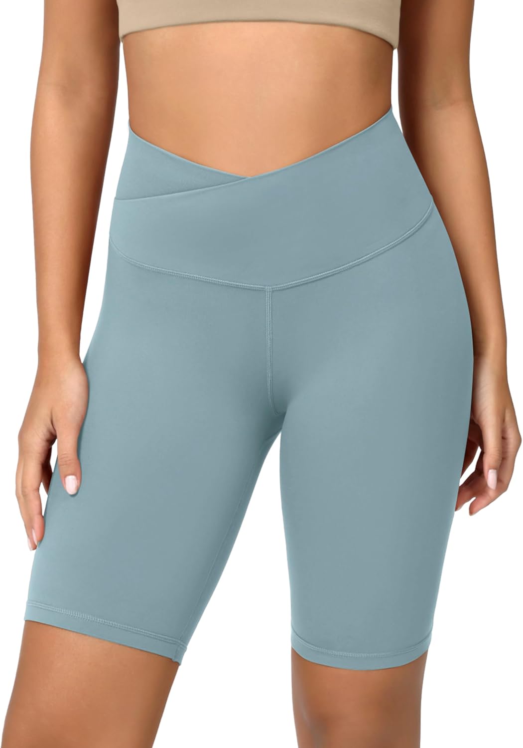 ODODOS Cloud Feeling Crossover Yoga Shorts with Back Pocket for Women 6quot  8 V High Wasit Lounge Biker ShortsChambray