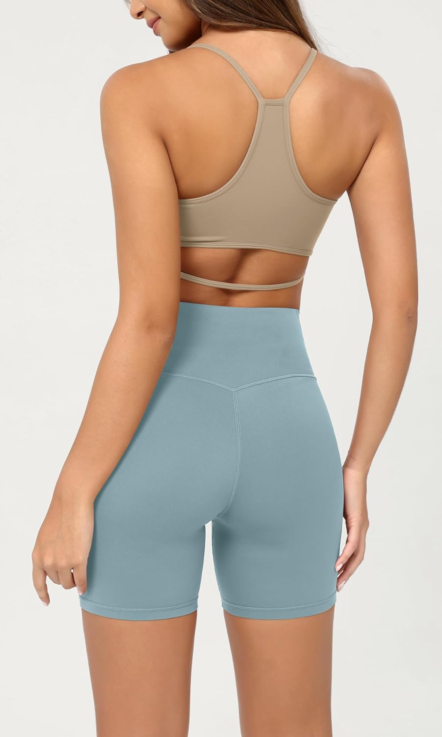 ODODOS Cloud Feeling Crossover Yoga Shorts with Back Pocket for Women 6quot  8 V High Wasit Lounge Biker ShortsChambray
