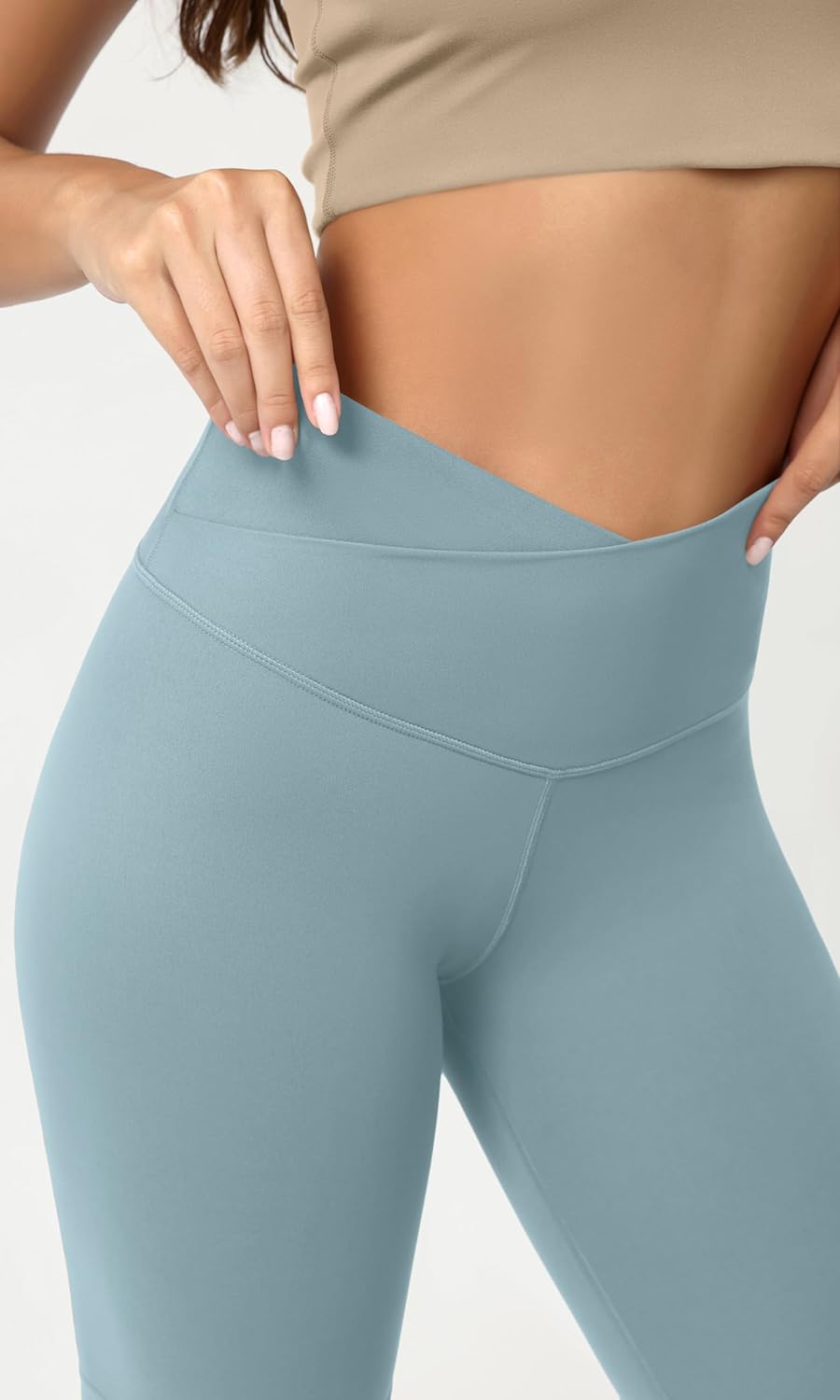 ODODOS Cloud Feeling Crossover Yoga Shorts with Back Pocket for Women 6quot  8 V High Wasit Lounge Biker ShortsChambray