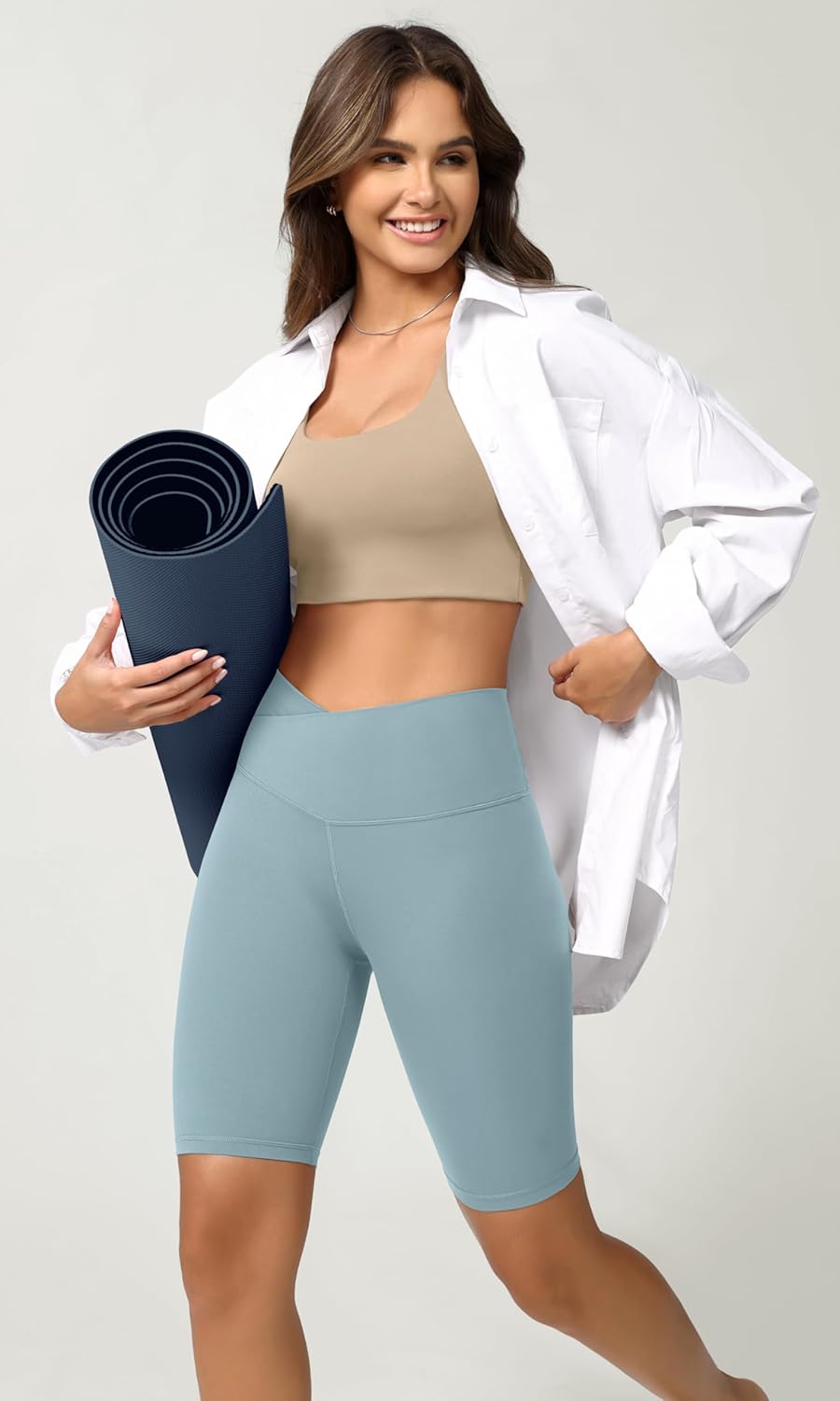 ODODOS Cloud Feeling Crossover Yoga Shorts with Back Pocket for Women 6quot  8 V High Wasit Lounge Biker ShortsChambray