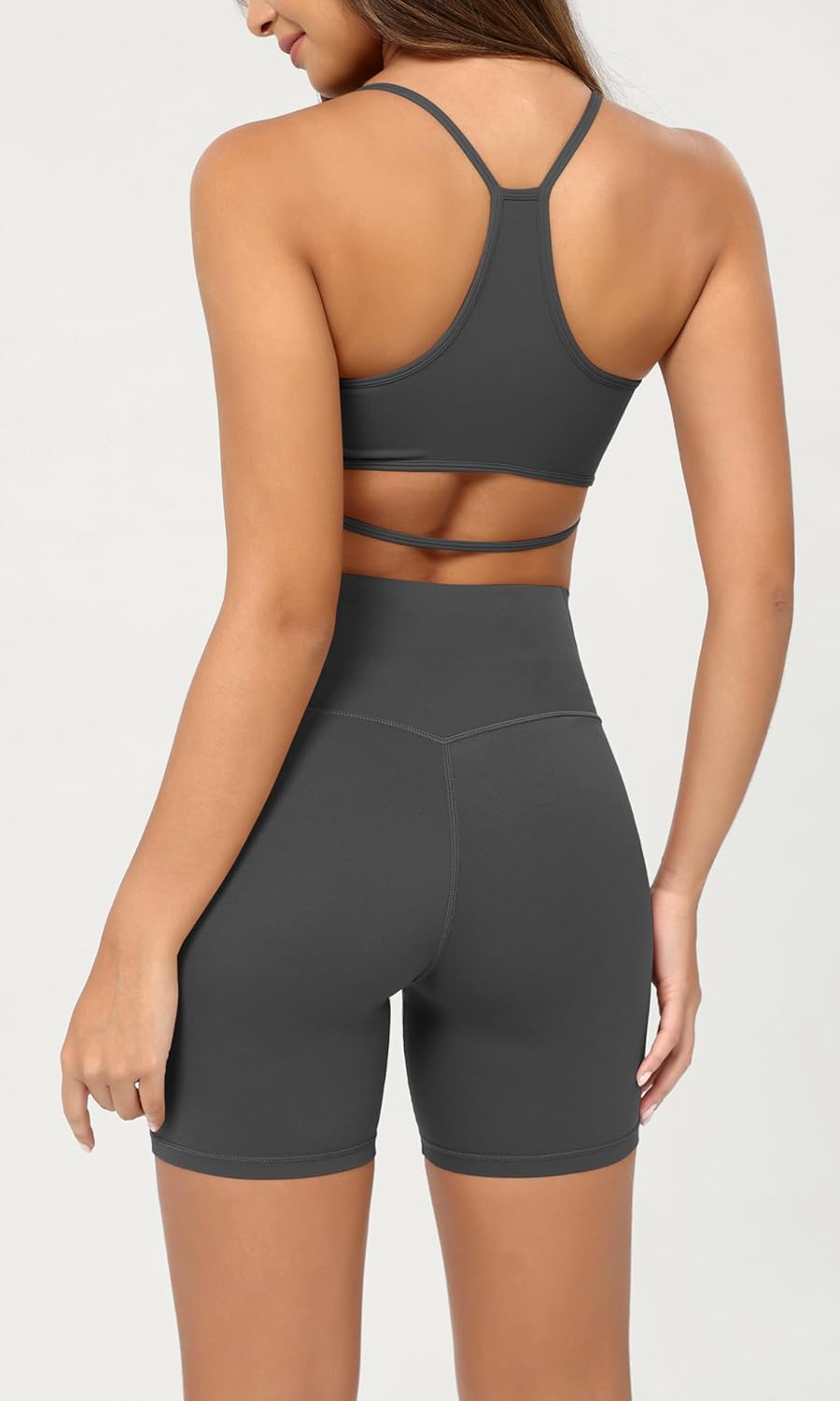 ODODOS Cloud Feeling Crossover Yoga Shorts with Back Pocket for Women 6quot  8 V High Wasit Lounge Biker ShortsCharcoal
