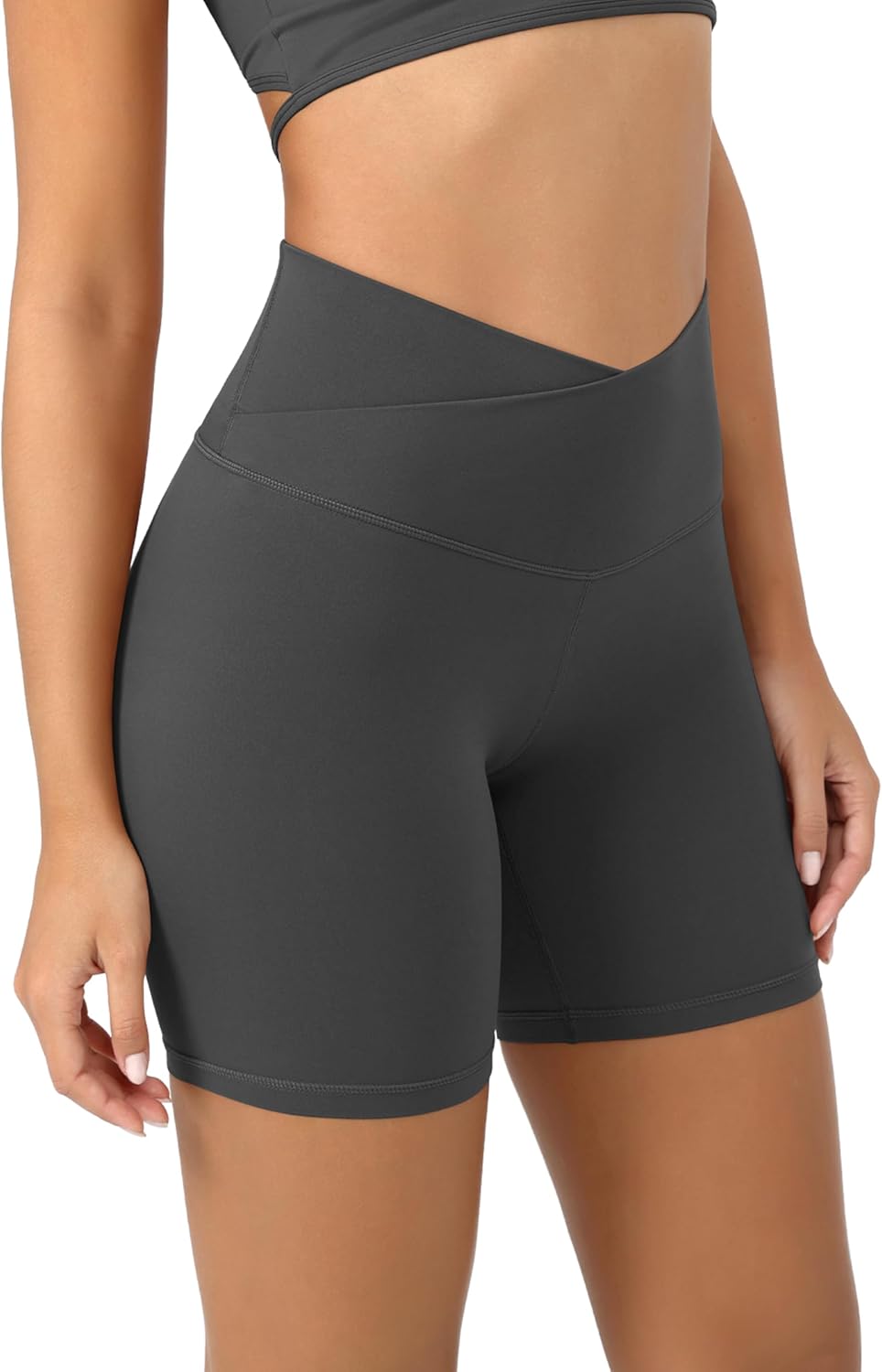 ODODOS Cloud Feeling Crossover Yoga Shorts with Back Pocket for Women 6quot  8 V High Wasit Lounge Biker ShortsCharcoal