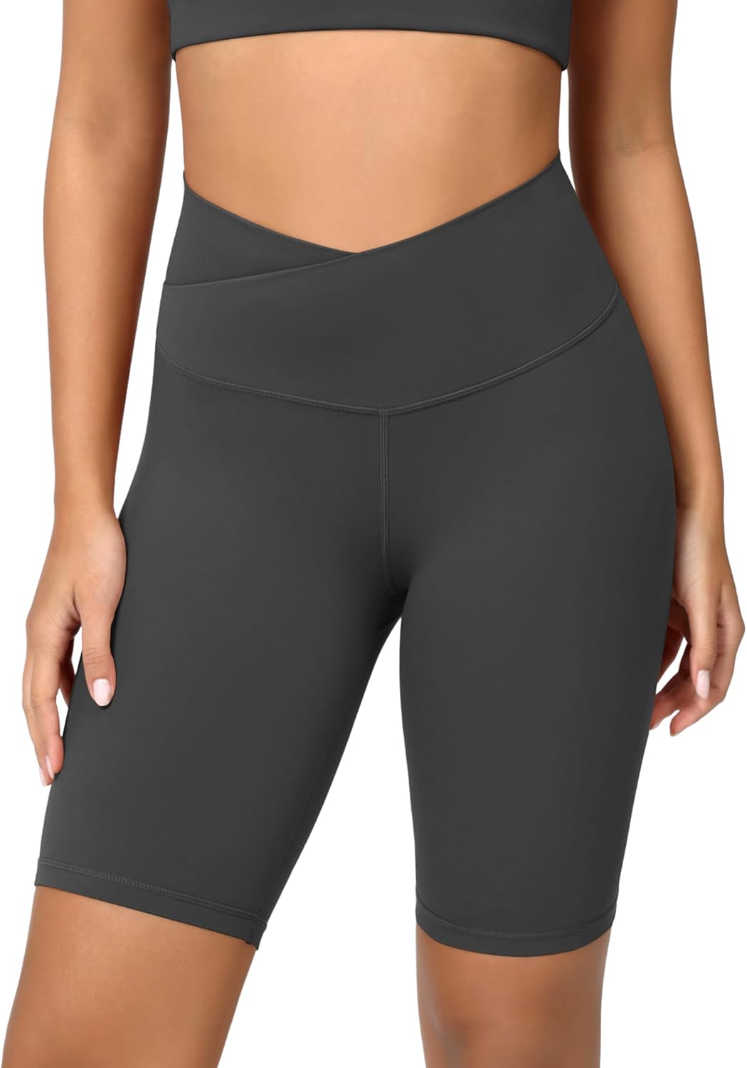 ODODOS Cloud Feeling Crossover Yoga Shorts with Back Pocket for Women 6quot  8 V High Wasit Lounge Biker ShortsCharcoal