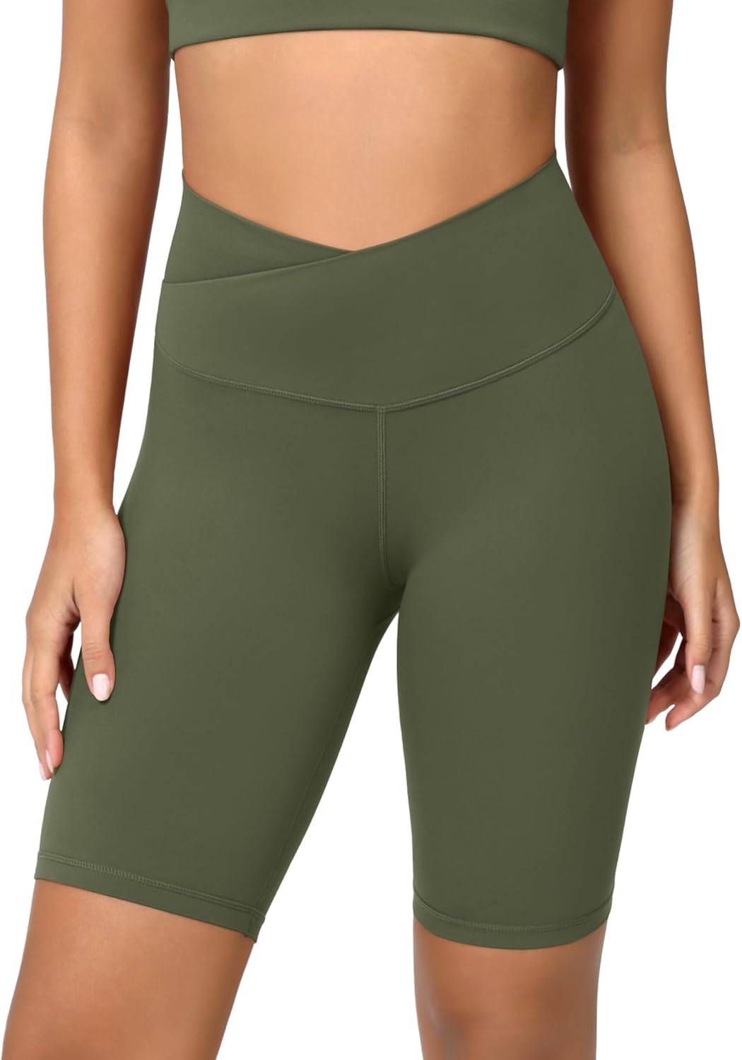 ODODOS Cloud Feeling Crossover Yoga Shorts with Back Pocket for Women 6quot  8 V High Wasit Lounge Biker ShortsDark Olive