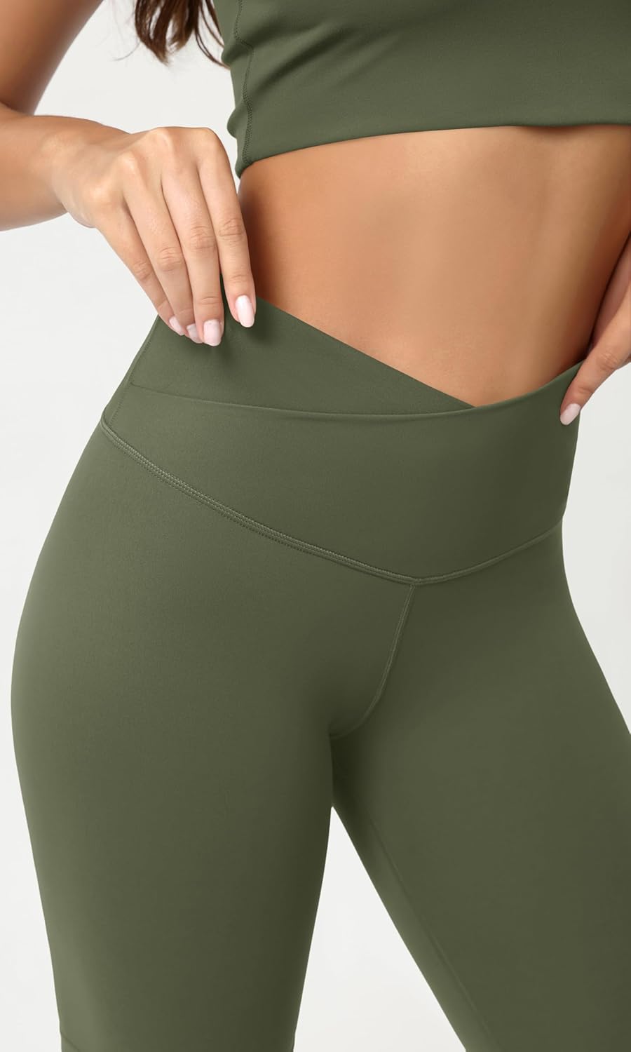 ODODOS Cloud Feeling Crossover Yoga Shorts with Back Pocket for Women 6quot  8 V High Wasit Lounge Biker ShortsDark Olive