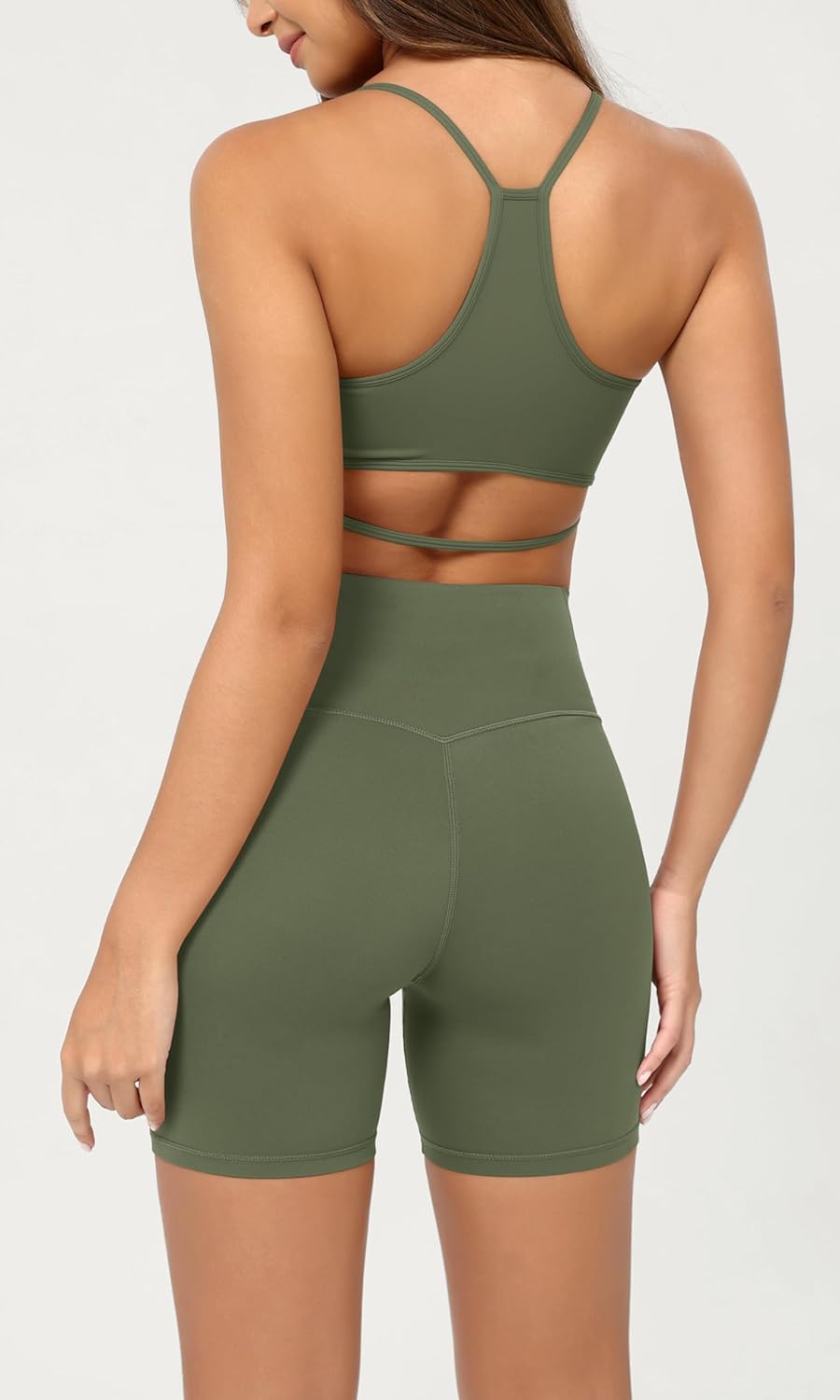 ODODOS Cloud Feeling Crossover Yoga Shorts with Back Pocket for Women 6quot  8 V High Wasit Lounge Biker ShortsDark Olive