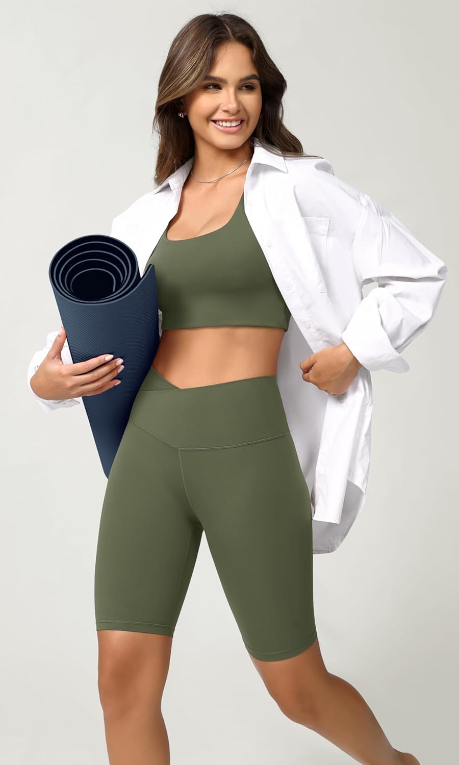 ODODOS Cloud Feeling Crossover Yoga Shorts with Back Pocket for Women 6quot  8 V High Wasit Lounge Biker ShortsDark Olive