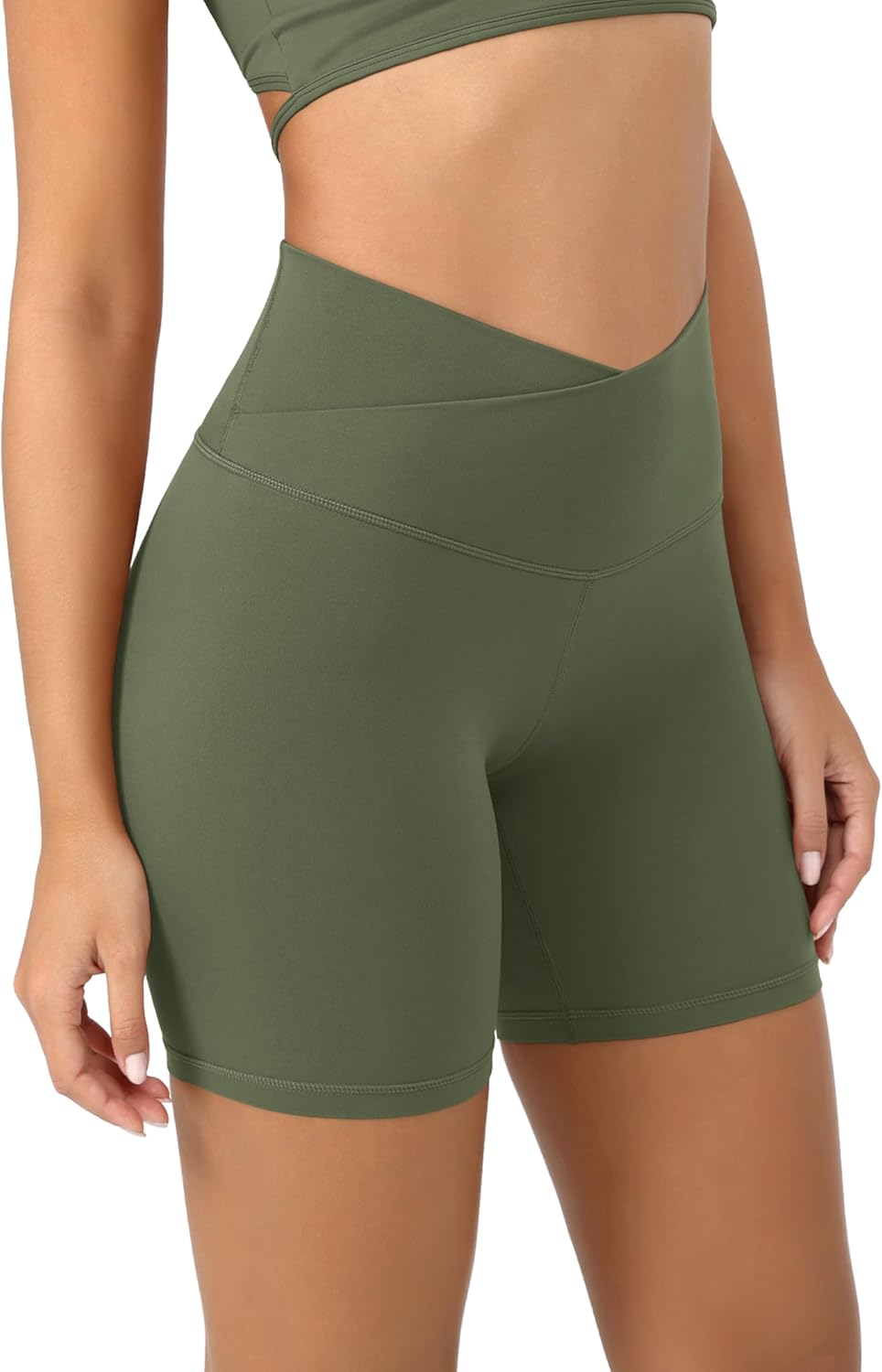 ODODOS Cloud Feeling Crossover Yoga Shorts with Back Pocket for Women 6quot  8 V High Wasit Lounge Biker ShortsDark Olive