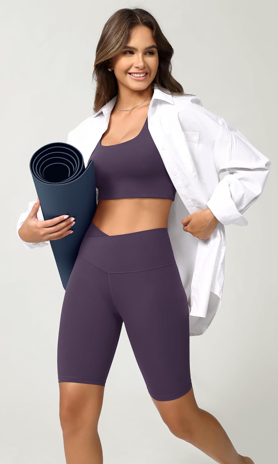 ODODOS Cloud Feeling Crossover Yoga Shorts with Back Pocket for Women 6quot  8 V High Wasit Lounge Biker ShortsDark Purple