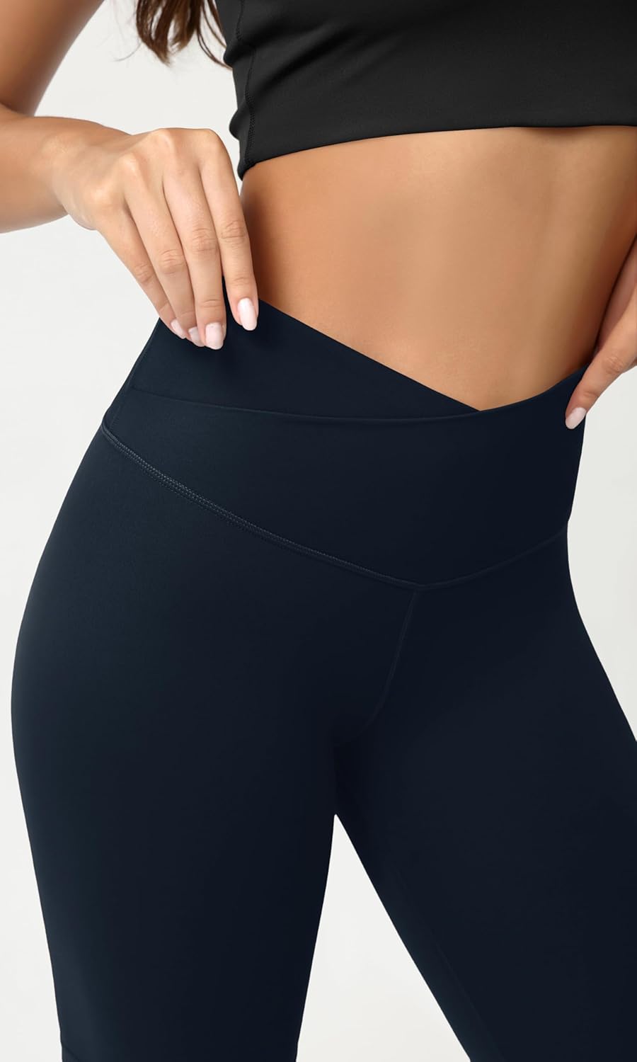 ODODOS Cloud Feeling Crossover Yoga Shorts with Back Pocket for Women 6quot  8 V High Wasit Lounge Biker ShortsDeep Navy