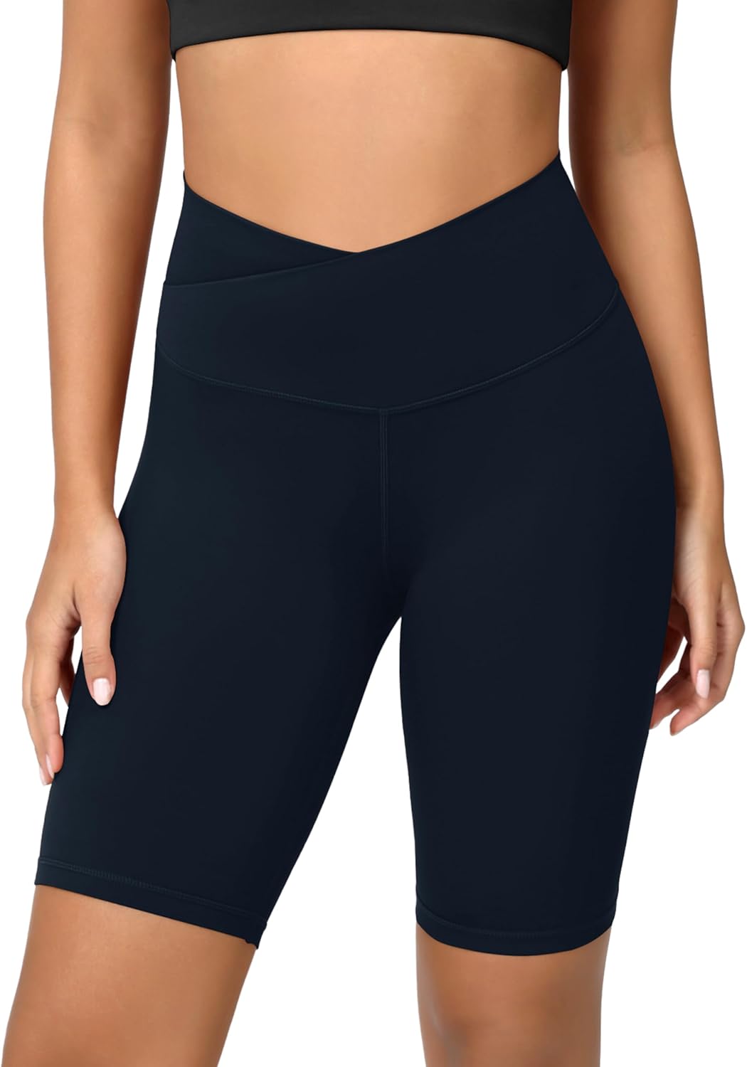 ODODOS Cloud Feeling Crossover Yoga Shorts with Back Pocket for Women 6quot  8 V High Wasit Lounge Biker ShortsDeep Navy