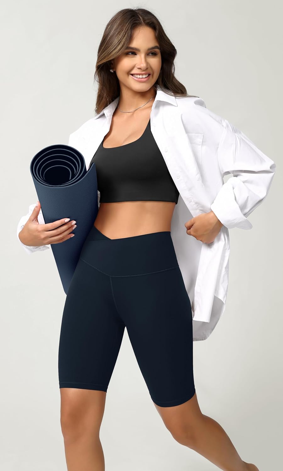 ODODOS Cloud Feeling Crossover Yoga Shorts with Back Pocket for Women 6quot  8 V High Wasit Lounge Biker ShortsDeep Navy