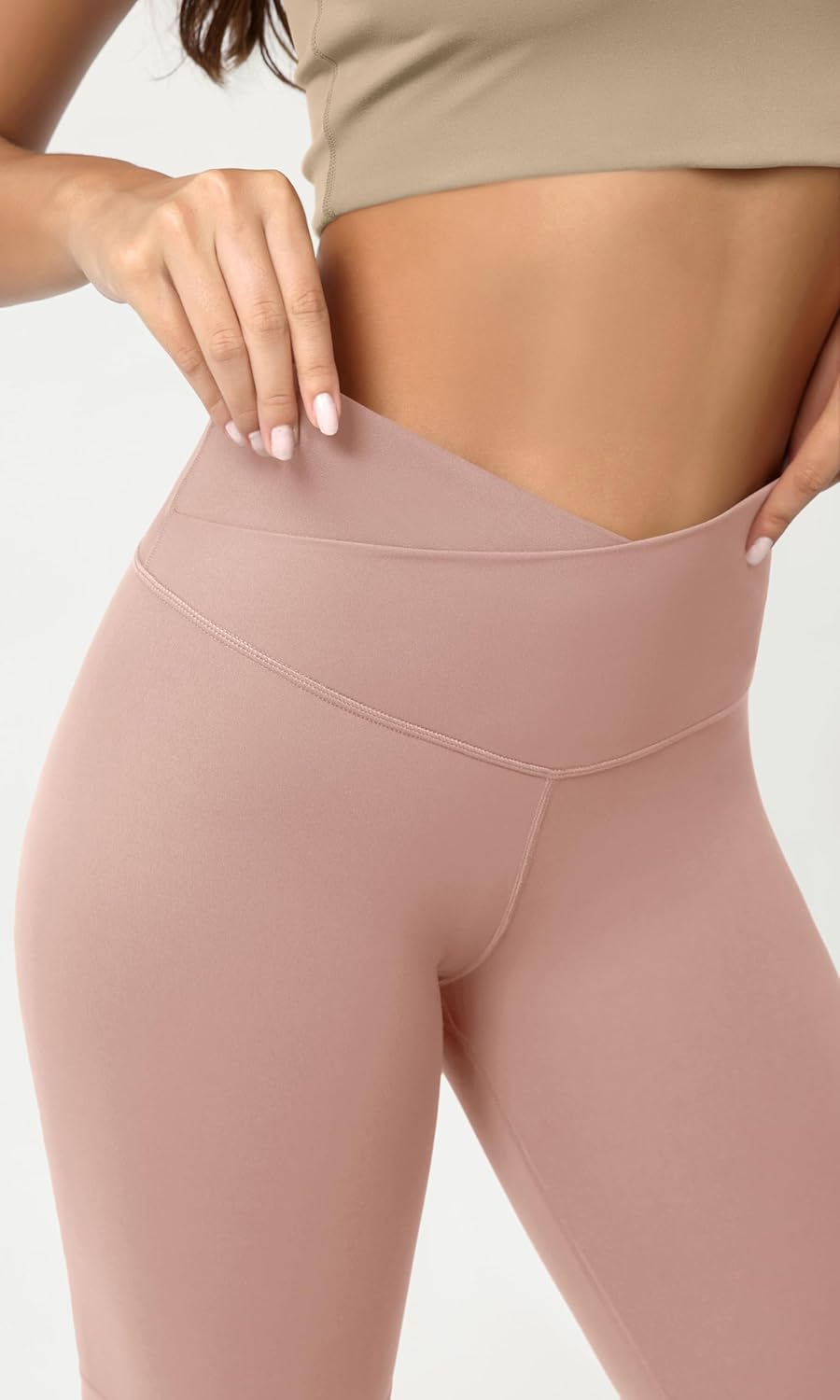 ODODOS Cloud Feeling Crossover Yoga Shorts with Back Pocket for Women 6quot  8 V High Wasit Lounge Biker ShortsDusty Pink