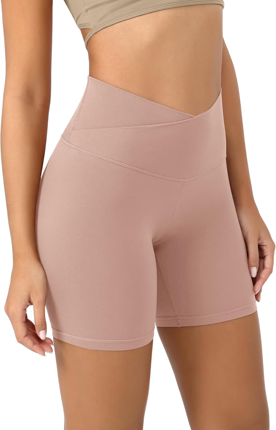 ODODOS Cloud Feeling Crossover Yoga Shorts with Back Pocket for Women 6quot  8 V High Wasit Lounge Biker ShortsDusty Pink