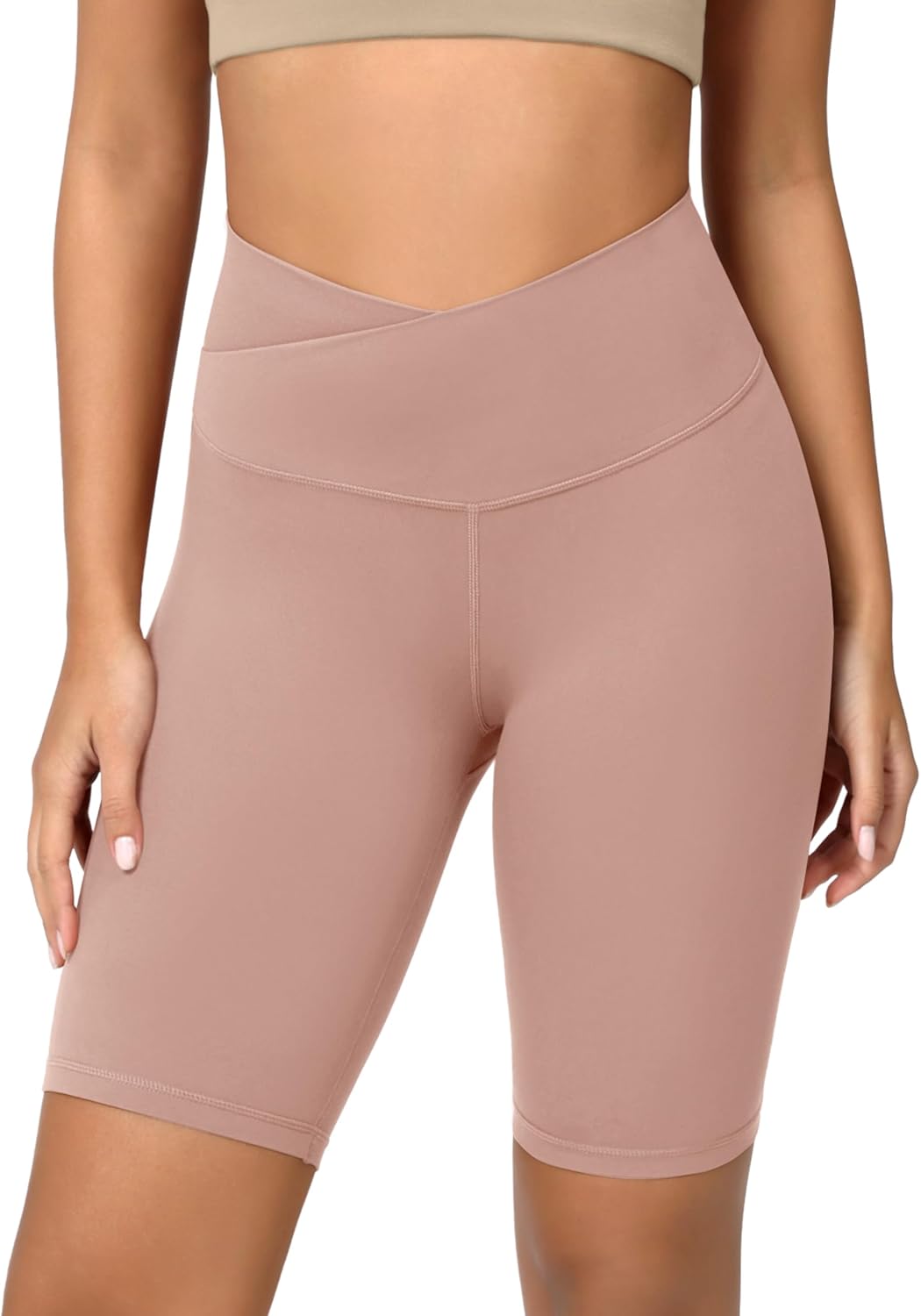 ODODOS Cloud Feeling Crossover Yoga Shorts with Back Pocket for Women 6quot  8 V High Wasit Lounge Biker ShortsDusty Pink