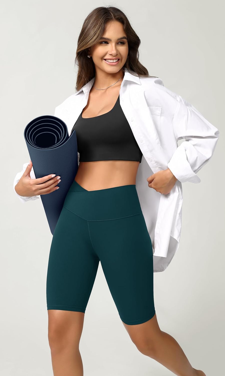 ODODOS Cloud Feeling Crossover Yoga Shorts with Back Pocket for Women 6quot  8 V High Wasit Lounge Biker ShortsForest Teal