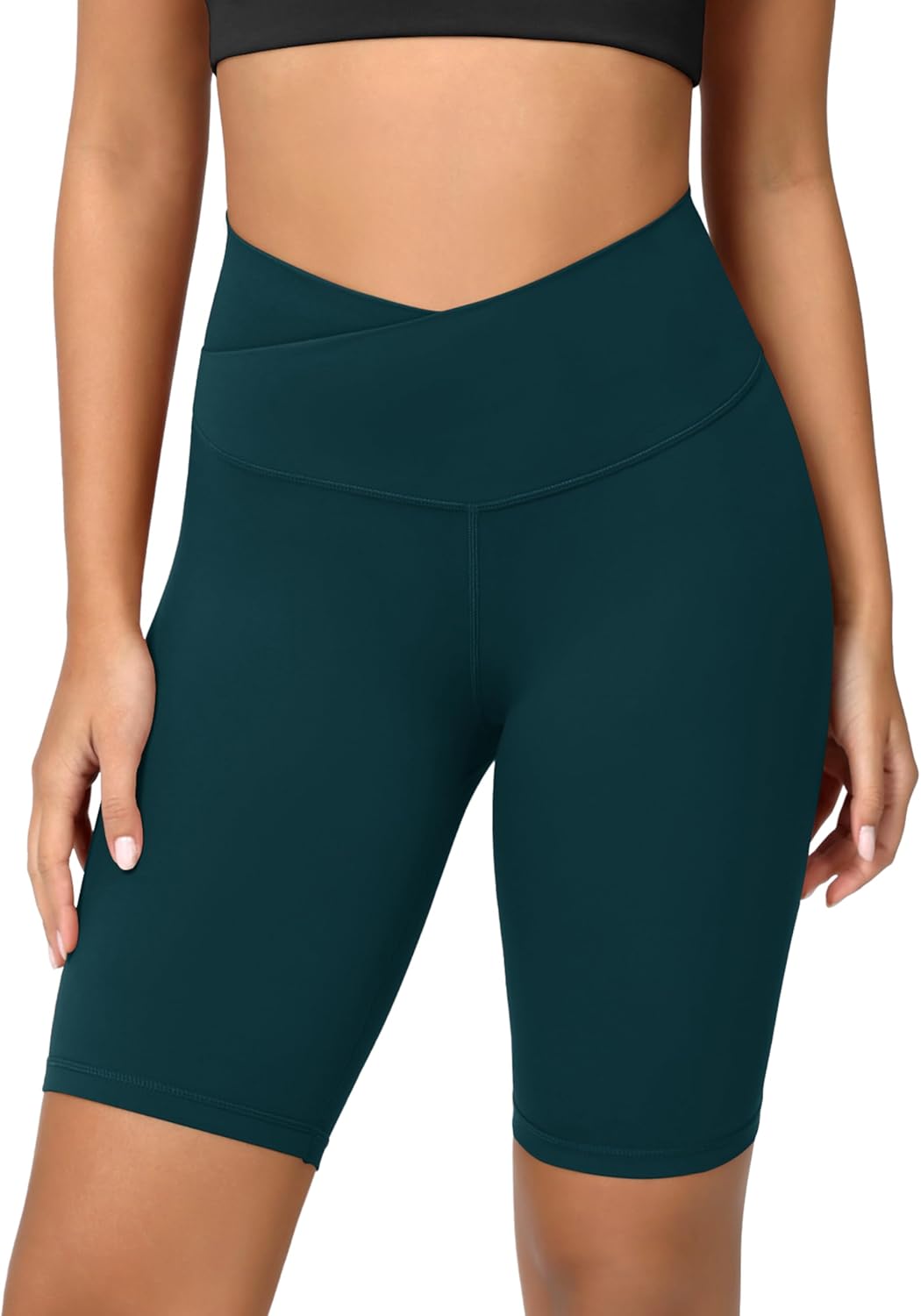 ODODOS Cloud Feeling Crossover Yoga Shorts with Back Pocket for Women 6quot  8 V High Wasit Lounge Biker ShortsForest Teal
