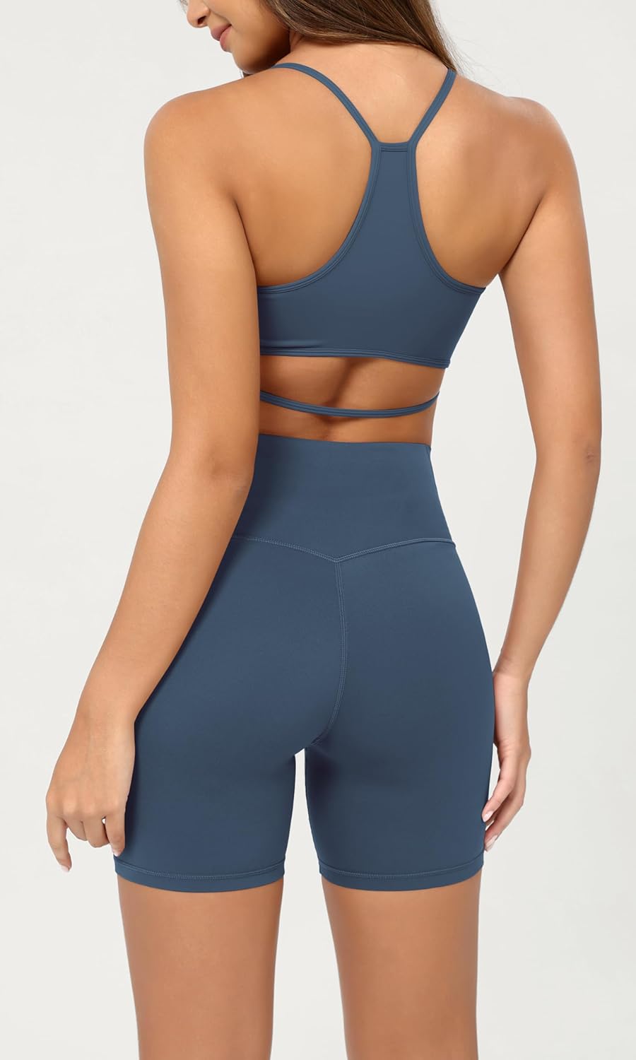 ODODOS Cloud Feeling Crossover Yoga Shorts with Back Pocket for Women 6quot  8 V High Wasit Lounge Biker ShortsInk Blue