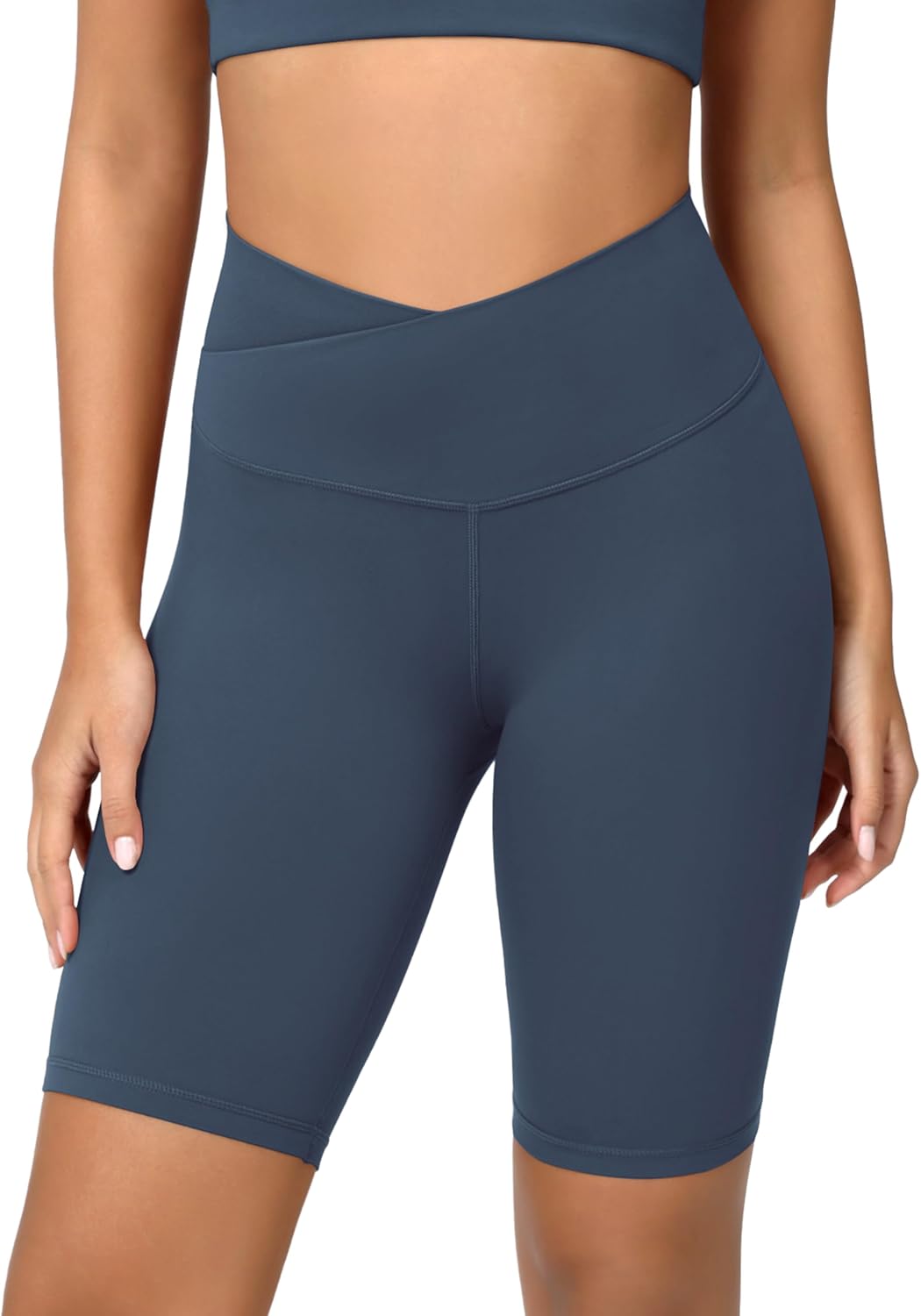 ODODOS Cloud Feeling Crossover Yoga Shorts with Back Pocket for Women 6quot  8 V High Wasit Lounge Biker ShortsInk Blue