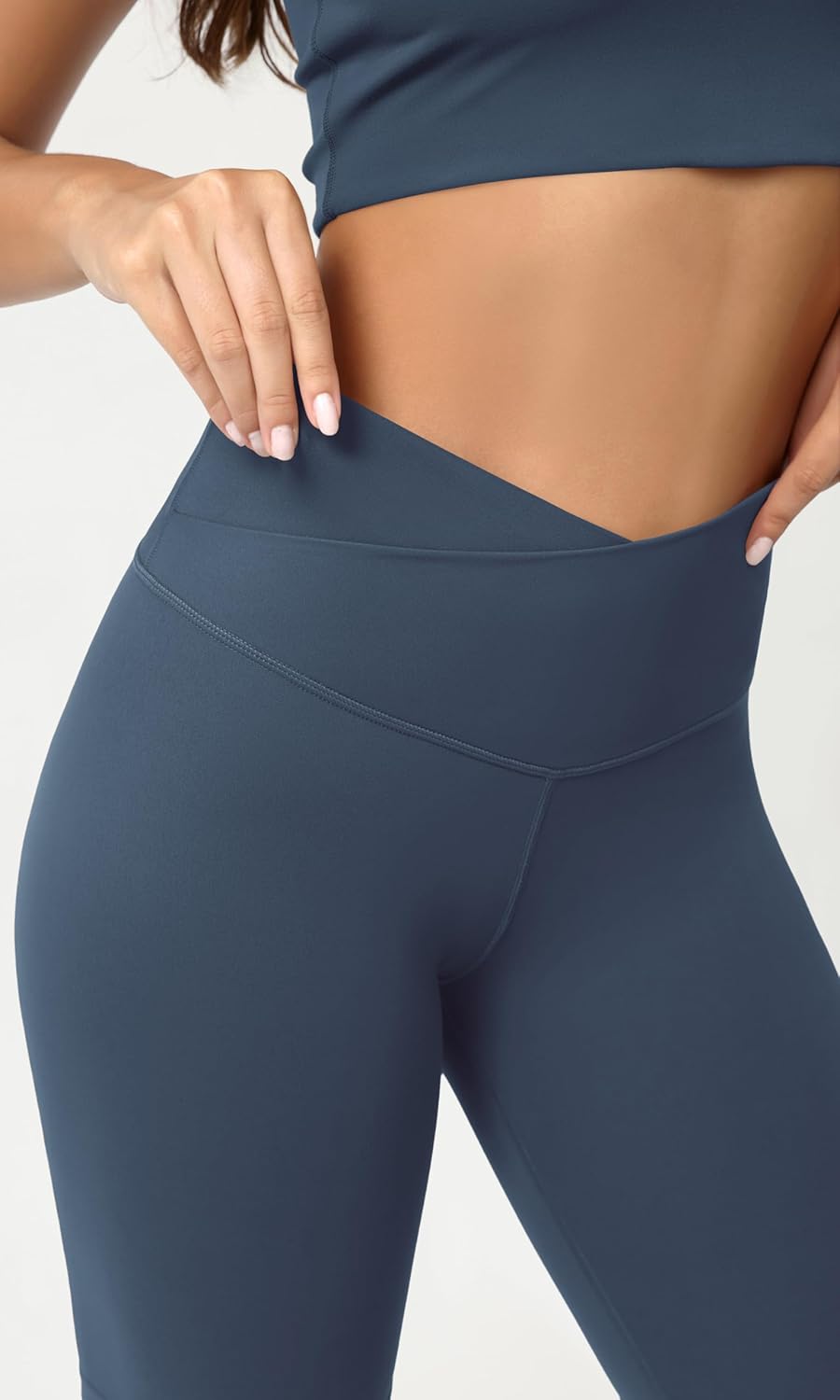 ODODOS Cloud Feeling Crossover Yoga Shorts with Back Pocket for Women 6quot  8 V High Wasit Lounge Biker ShortsInk Blue