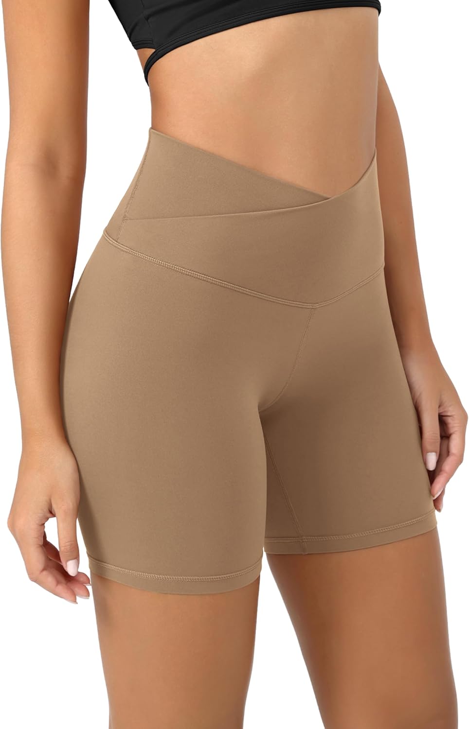ODODOS Cloud Feeling Crossover Yoga Shorts with Back Pocket for Women 6quot  8 V High Wasit Lounge Biker ShortsLight Brown