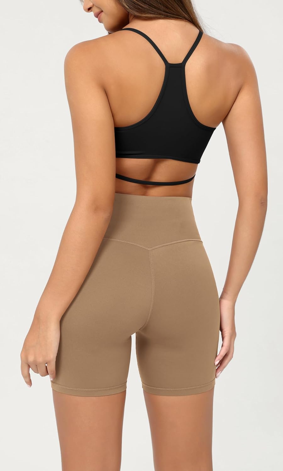 ODODOS Cloud Feeling Crossover Yoga Shorts with Back Pocket for Women 6quot  8 V High Wasit Lounge Biker ShortsLight Brown