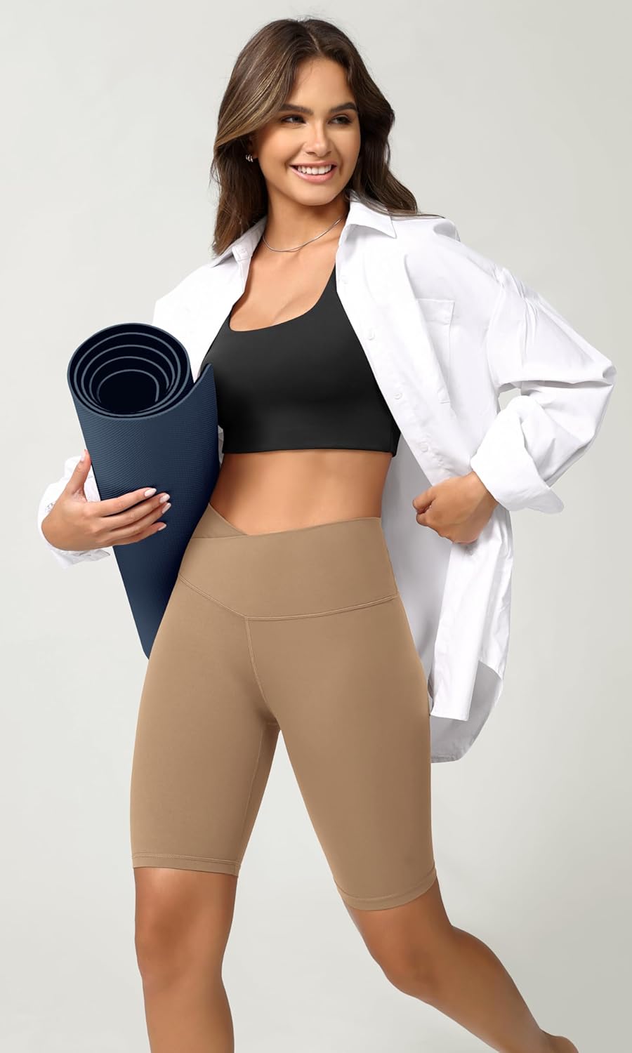 ODODOS Cloud Feeling Crossover Yoga Shorts with Back Pocket for Women 6quot  8 V High Wasit Lounge Biker ShortsLight Brown