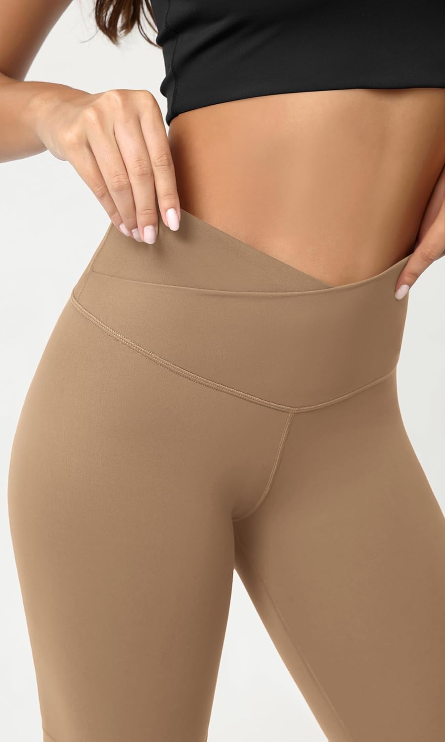 ODODOS Cloud Feeling Crossover Yoga Shorts with Back Pocket for Women 6quot  8 V High Wasit Lounge Biker ShortsLight Brown
