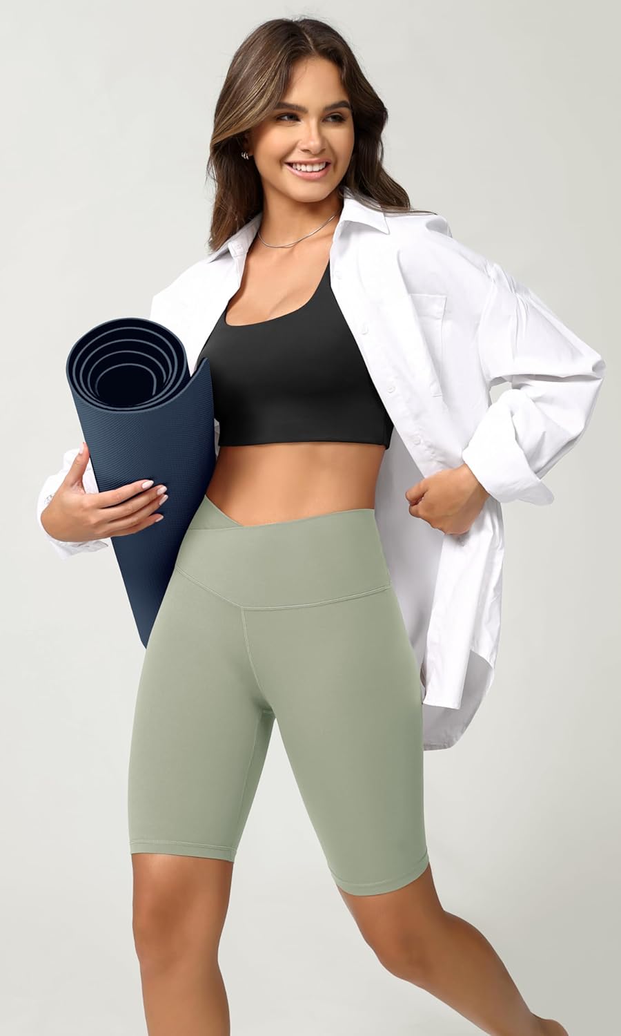 ODODOS Cloud Feeling Crossover Yoga Shorts with Back Pocket for Women 6quot  8 V High Wasit Lounge Biker ShortsLime Stone
