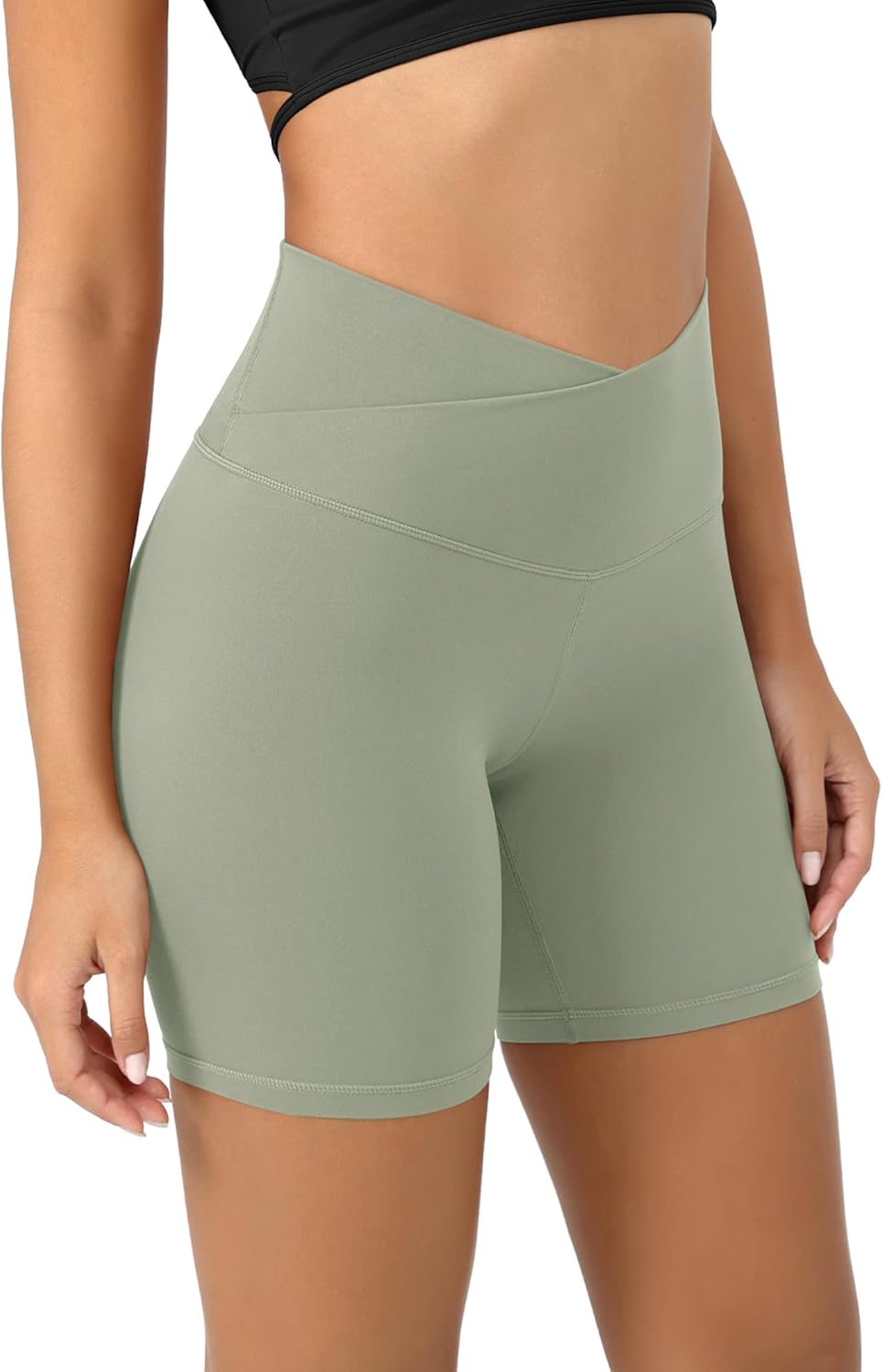ODODOS Cloud Feeling Crossover Yoga Shorts with Back Pocket for Women 6quot  8 V High Wasit Lounge Biker ShortsLime Stone