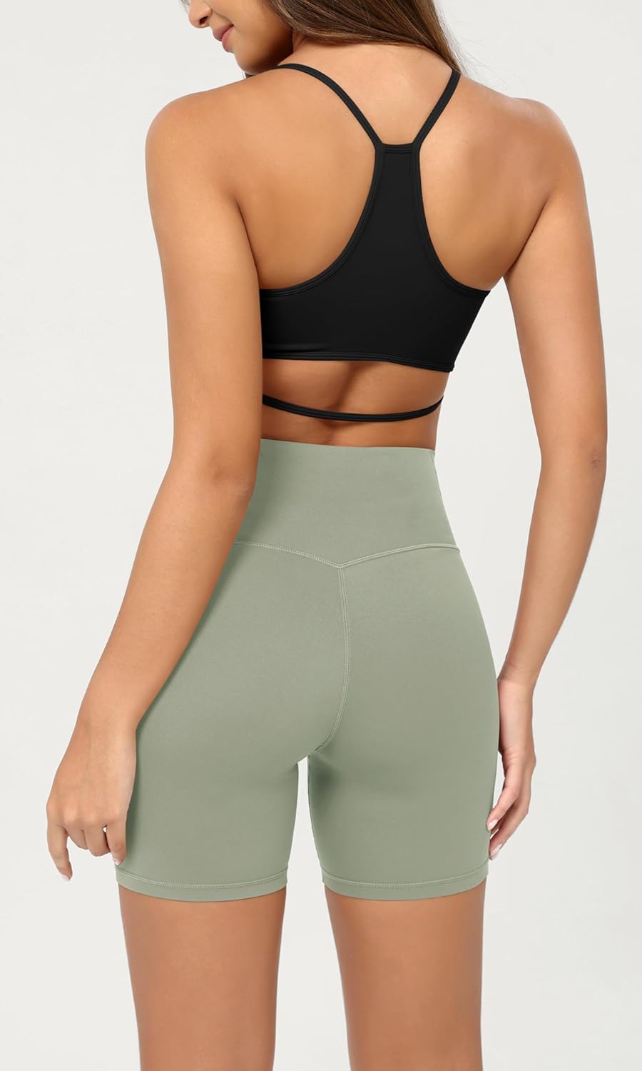 ODODOS Cloud Feeling Crossover Yoga Shorts with Back Pocket for Women 6quot  8 V High Wasit Lounge Biker ShortsLime Stone