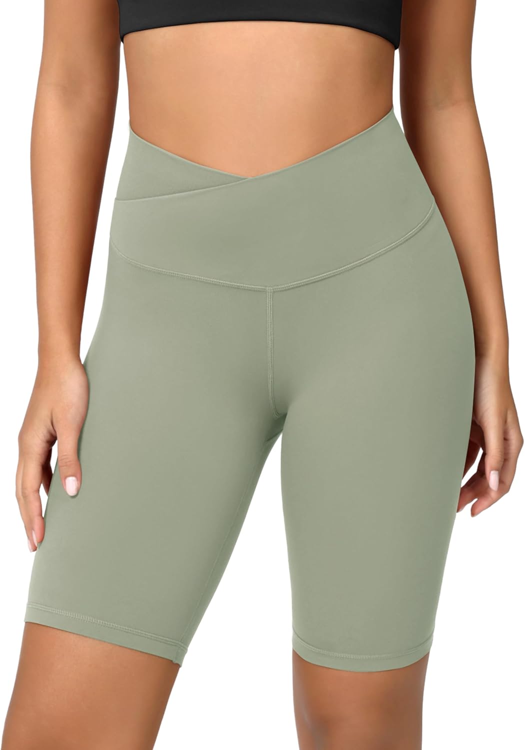 ODODOS Cloud Feeling Crossover Yoga Shorts with Back Pocket for Women 6quot  8 V High Wasit Lounge Biker ShortsLime Stone