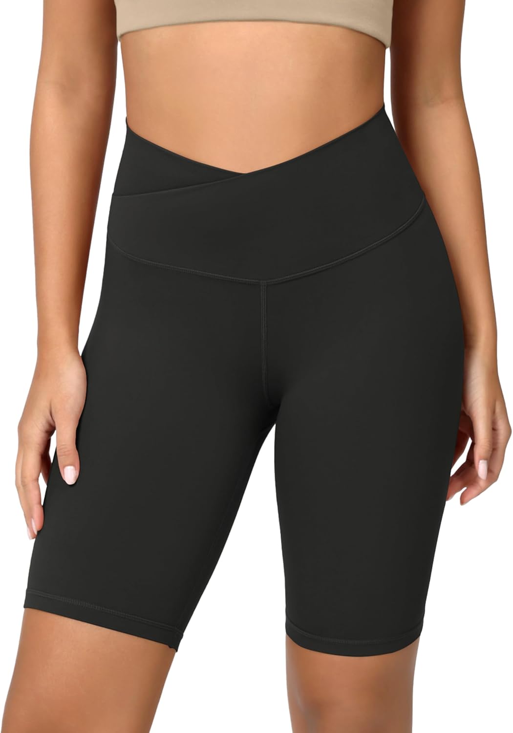 ODODOS Cloud Feeling Crossover Yoga Shorts with Back Pocket for Women 6quot  8 V High Wasit Lounge Biker ShortsOnyx Black Grey