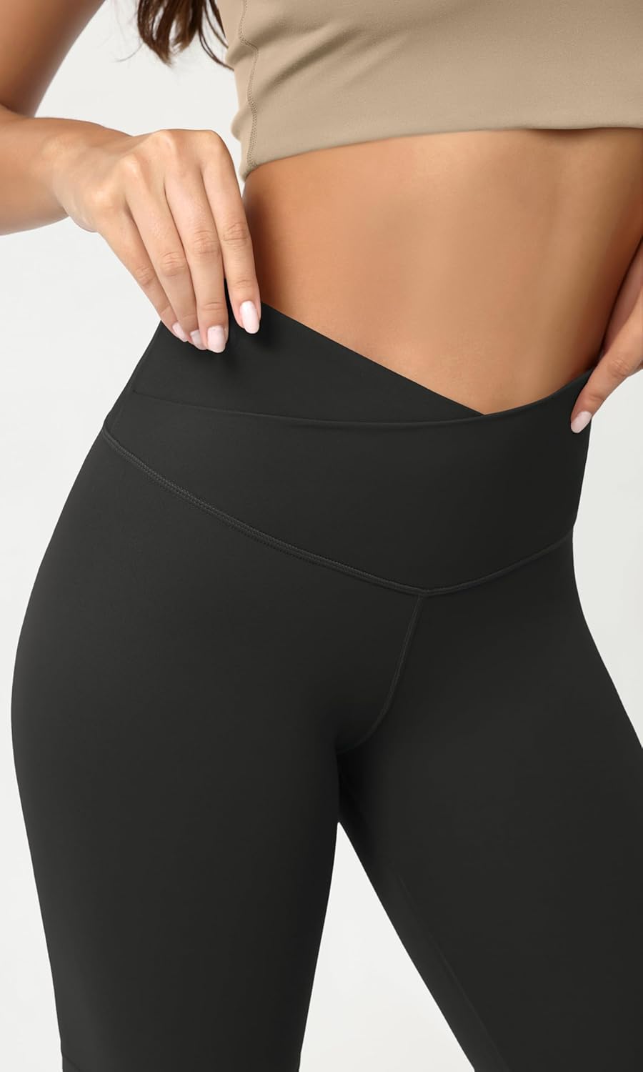 ODODOS Cloud Feeling Crossover Yoga Shorts with Back Pocket for Women 6quot  8 V High Wasit Lounge Biker ShortsOnyx Black Grey