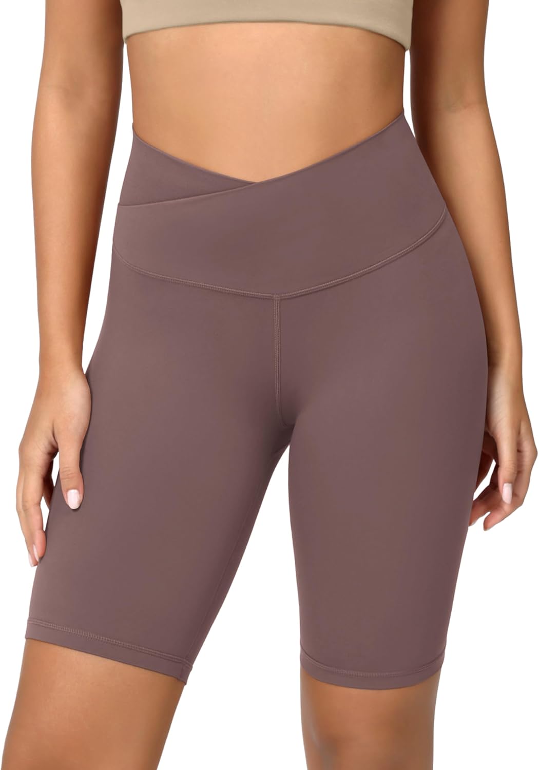 ODODOS Cloud Feeling Crossover Yoga Shorts with Back Pocket for Women 6quot  8 V High Wasit Lounge Biker ShortsPurple Taupe