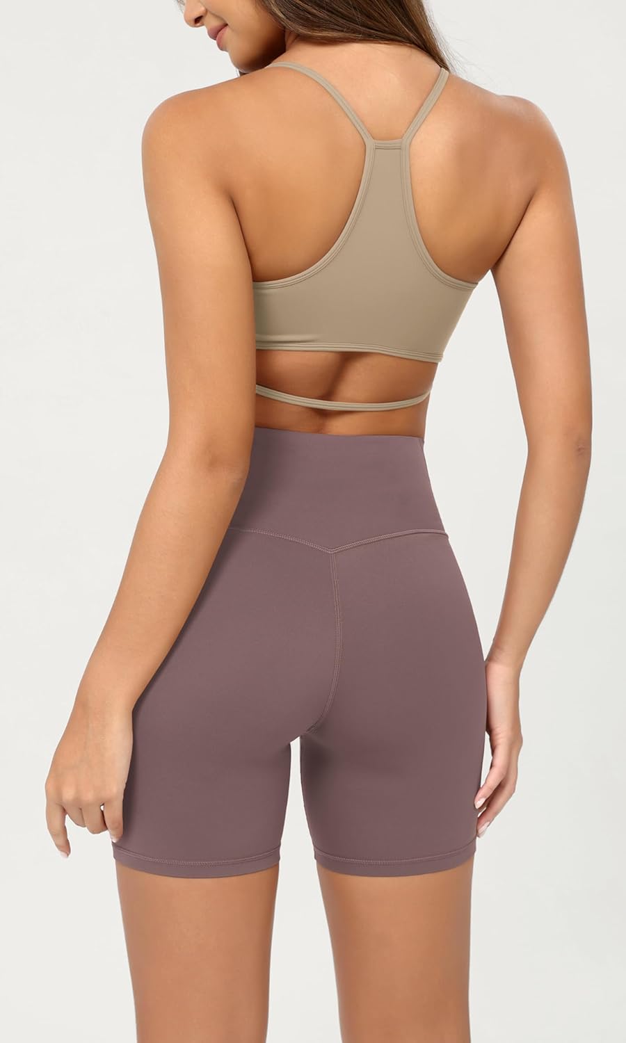 ODODOS Cloud Feeling Crossover Yoga Shorts with Back Pocket for Women 6quot  8 V High Wasit Lounge Biker ShortsPurple Taupe
