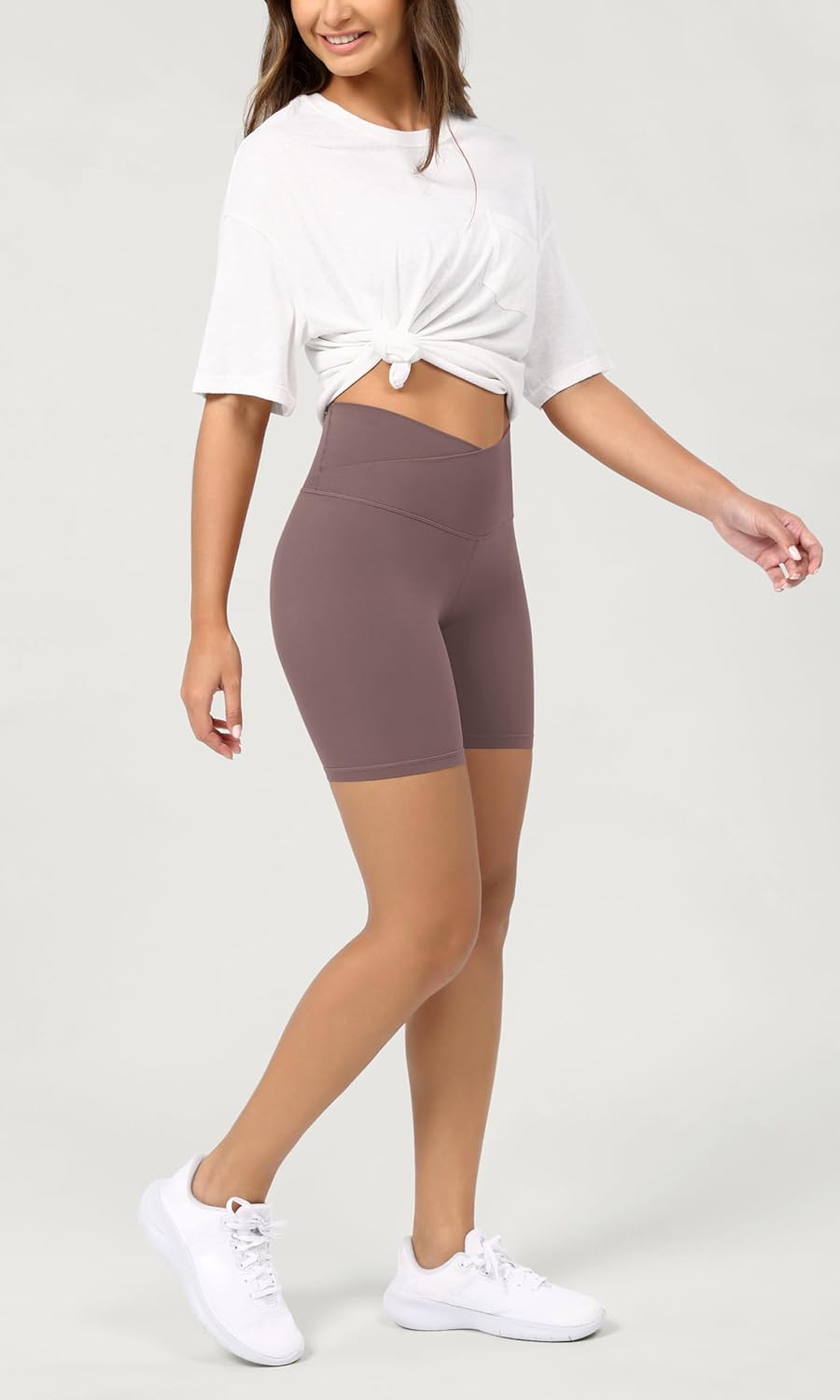 ODODOS Cloud Feeling Crossover Yoga Shorts with Back Pocket for Women 6quot  8 V High Wasit Lounge Biker ShortsPurple Taupe