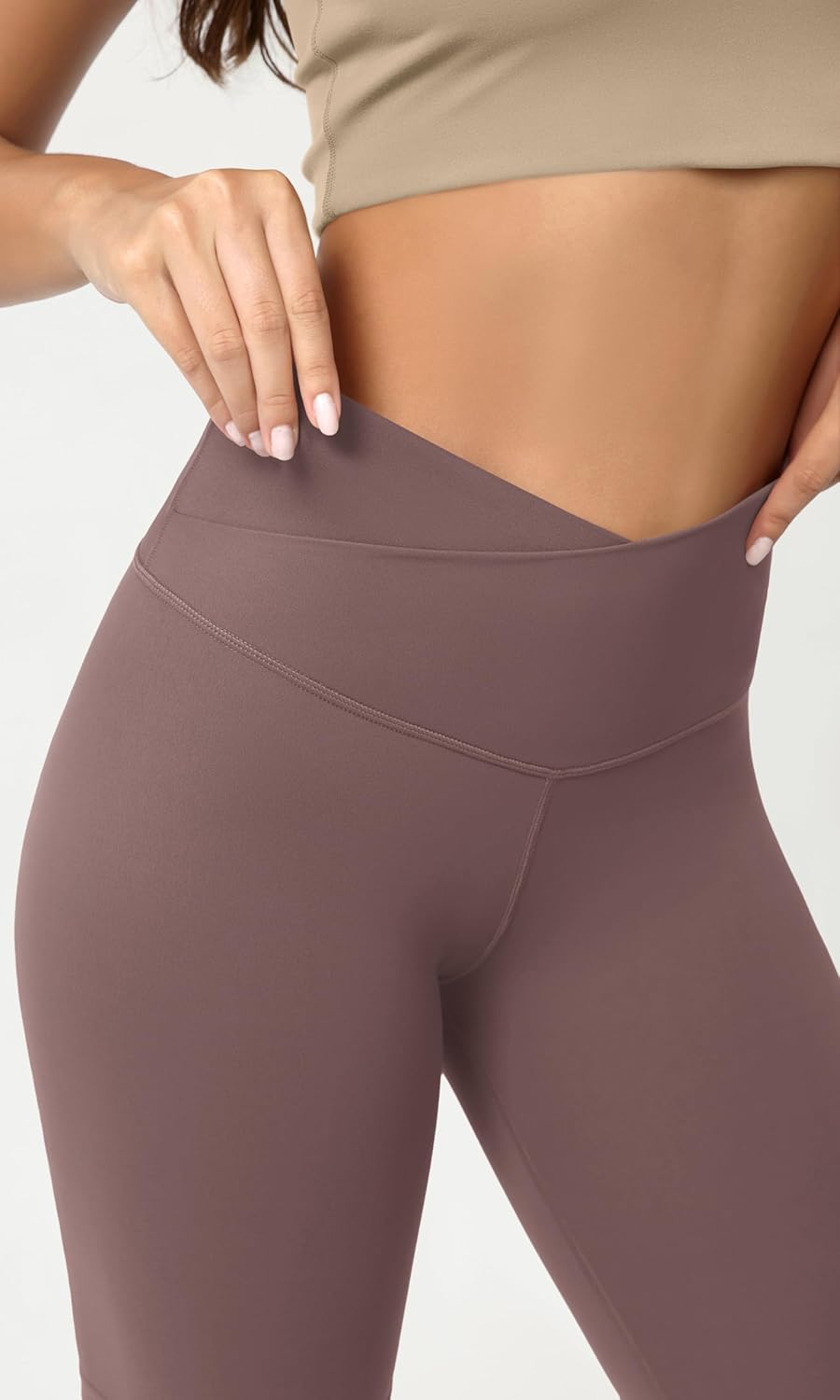 ODODOS Cloud Feeling Crossover Yoga Shorts with Back Pocket for Women 6quot  8 V High Wasit Lounge Biker ShortsPurple Taupe