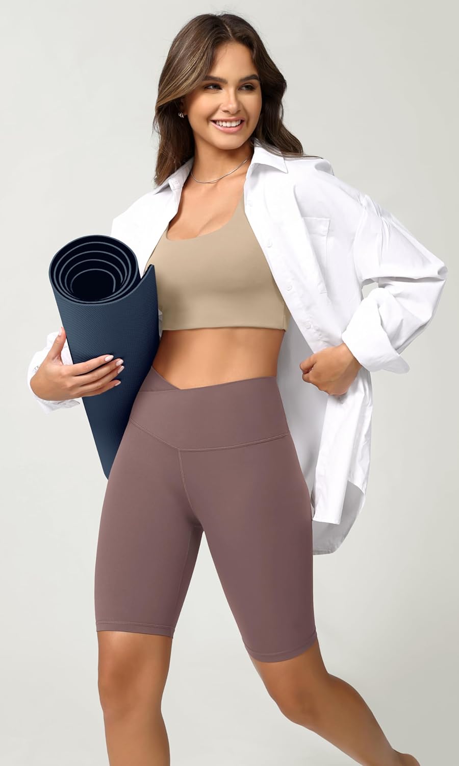 ODODOS Cloud Feeling Crossover Yoga Shorts with Back Pocket for Women 6quot  8 V High Wasit Lounge Biker ShortsPurple Taupe