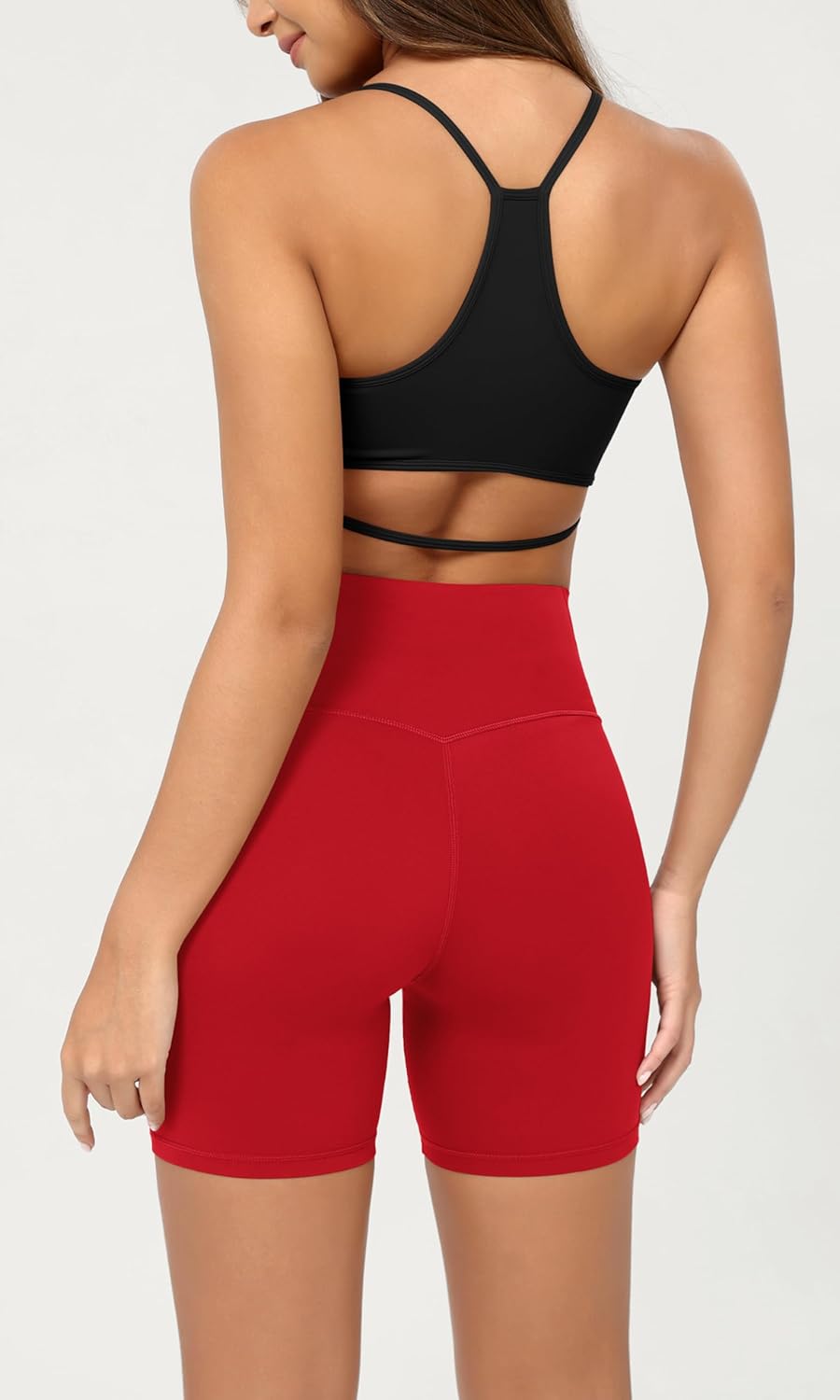 ODODOS Cloud Feeling Crossover Yoga Shorts with Back Pocket for Women 6quot  8 V High Wasit Lounge Biker ShortsRed