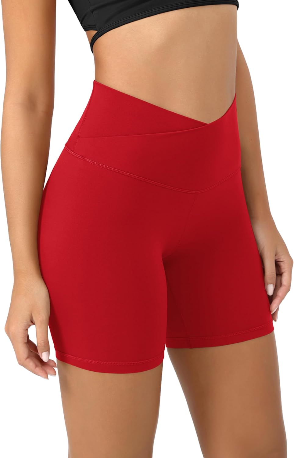 ODODOS Cloud Feeling Crossover Yoga Shorts with Back Pocket for Women 6quot  8 V High Wasit Lounge Biker ShortsRed