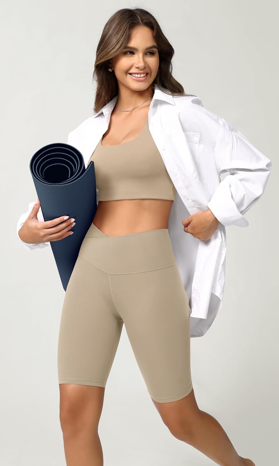 ODODOS Cloud Feeling Crossover Yoga Shorts with Back Pocket for Women 6quot  8 V High Wasit Lounge Biker ShortsShaker Beige