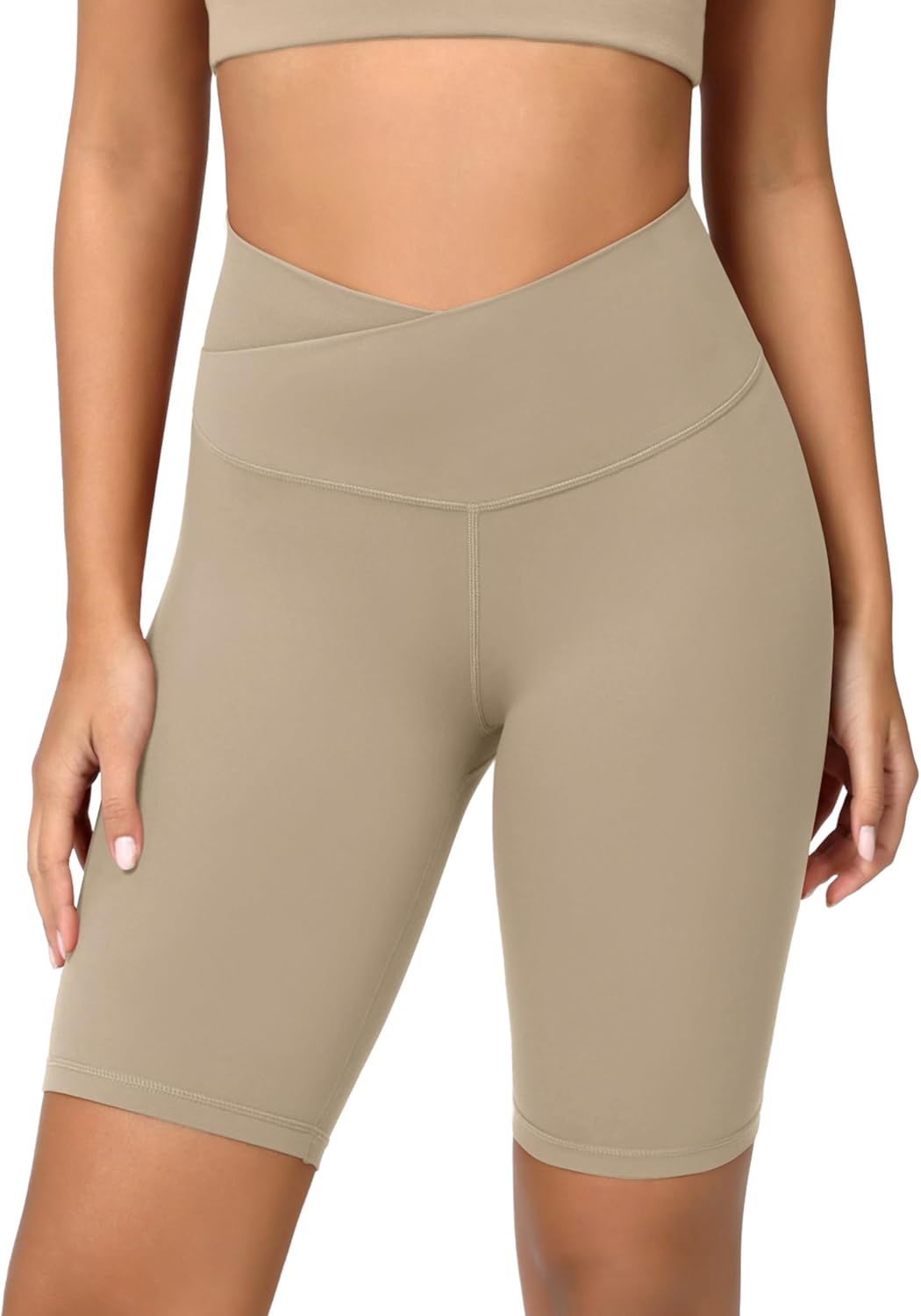ODODOS Cloud Feeling Crossover Yoga Shorts with Back Pocket for Women 6quot  8 V High Wasit Lounge Biker ShortsShaker Beige