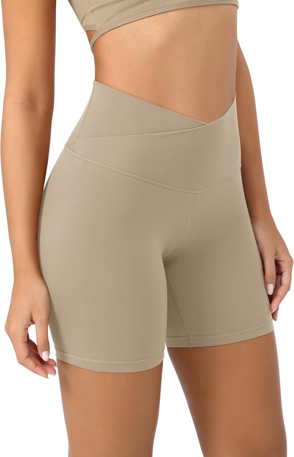 ODODOS Cloud Feeling Crossover Yoga Shorts with Back Pocket for Women 6quot  8 V High Wasit Lounge Biker ShortsShaker Beige