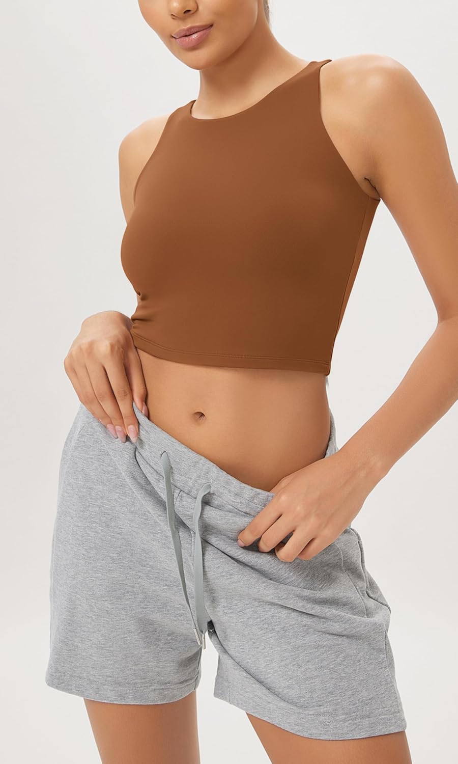 ODODOS Cloud Feeling High Neck Crop Tank for Women Double Layer Sleeveless Casual Yoga Cropped TopsCaramel