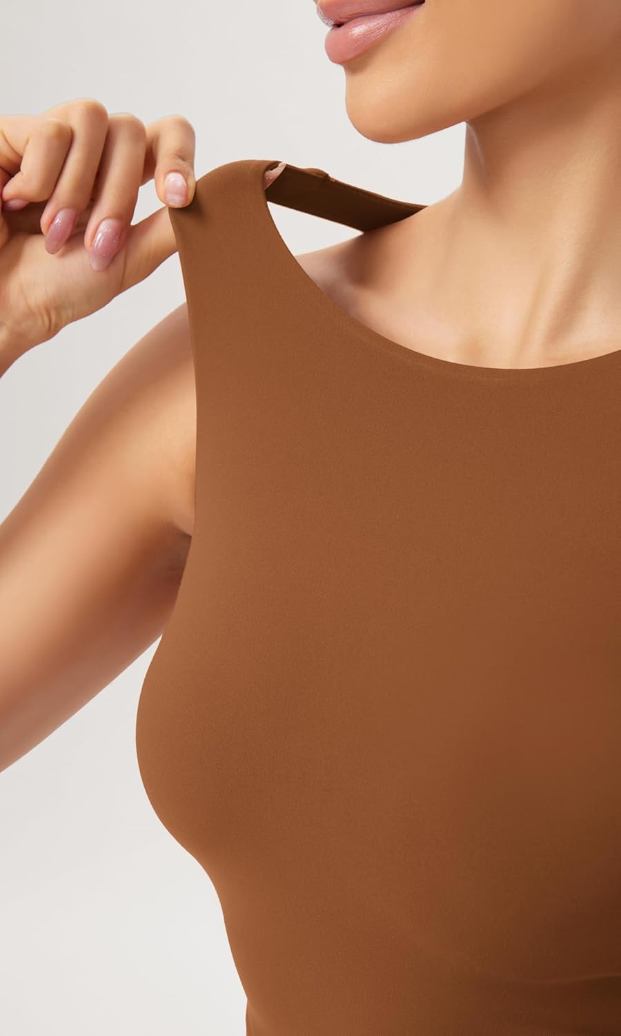 ODODOS Cloud Feeling High Neck Crop Tank for Women Double Layer Sleeveless Casual Yoga Cropped TopsCaramel