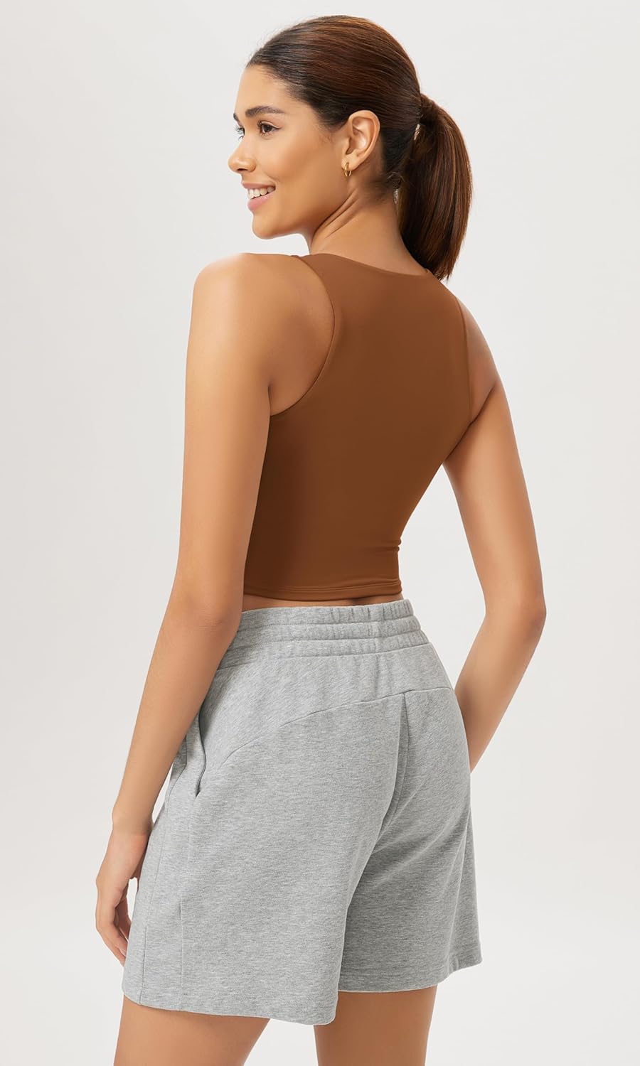 ODODOS Cloud Feeling High Neck Crop Tank for Women Double Layer Sleeveless Casual Yoga Cropped TopsCaramel