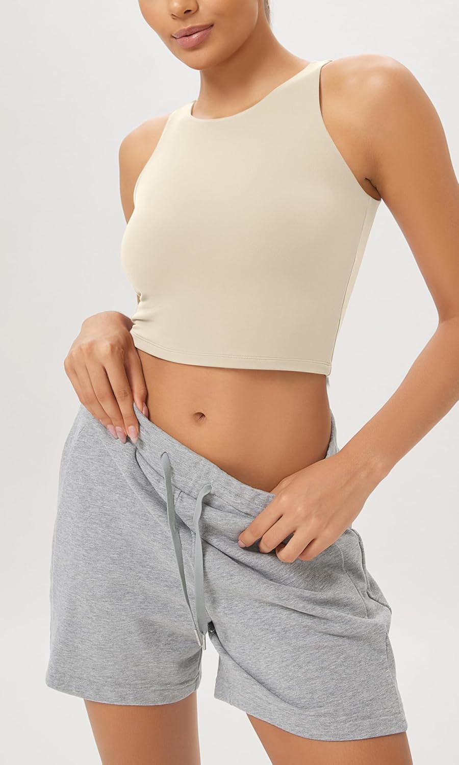 ODODOS Cloud Feeling High Neck Crop Tank for Women Double Layer Sleeveless Casual Yoga Cropped TopsOat Milk