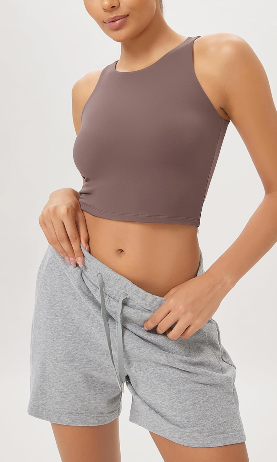 ODODOS Cloud Feeling High Neck Crop Tank for Women Double Layer Sleeveless Casual Yoga Cropped TopsPurple Taupe