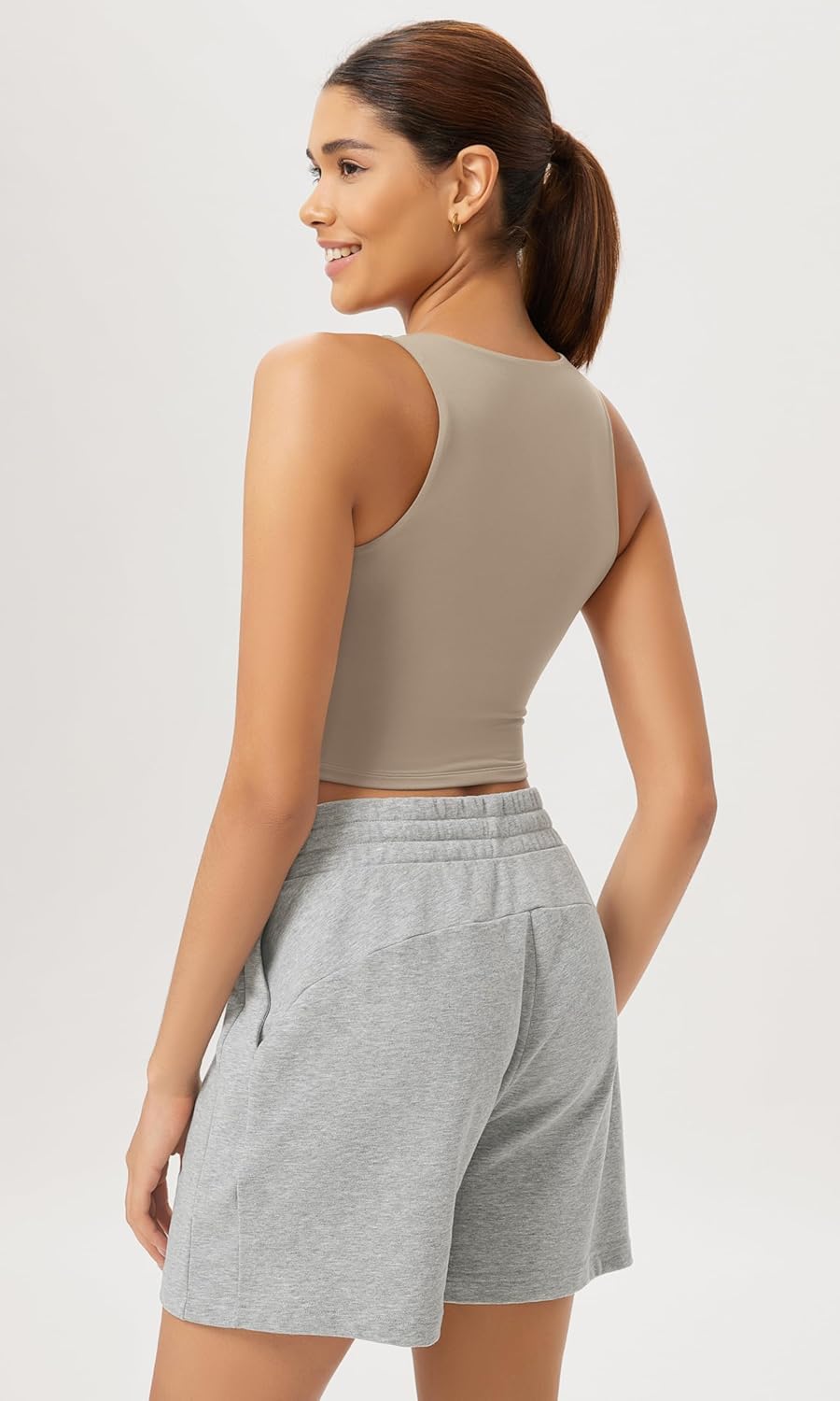ODODOS Cloud Feeling High Neck Crop Tank for Women Double Layer Sleeveless Casual Yoga Cropped TopsShaker Beige